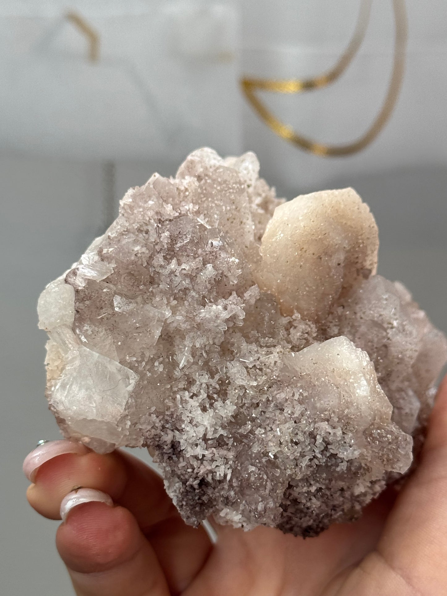 Phantom diamond apophyllite with sparkly pink chalcedony and stilbite - India