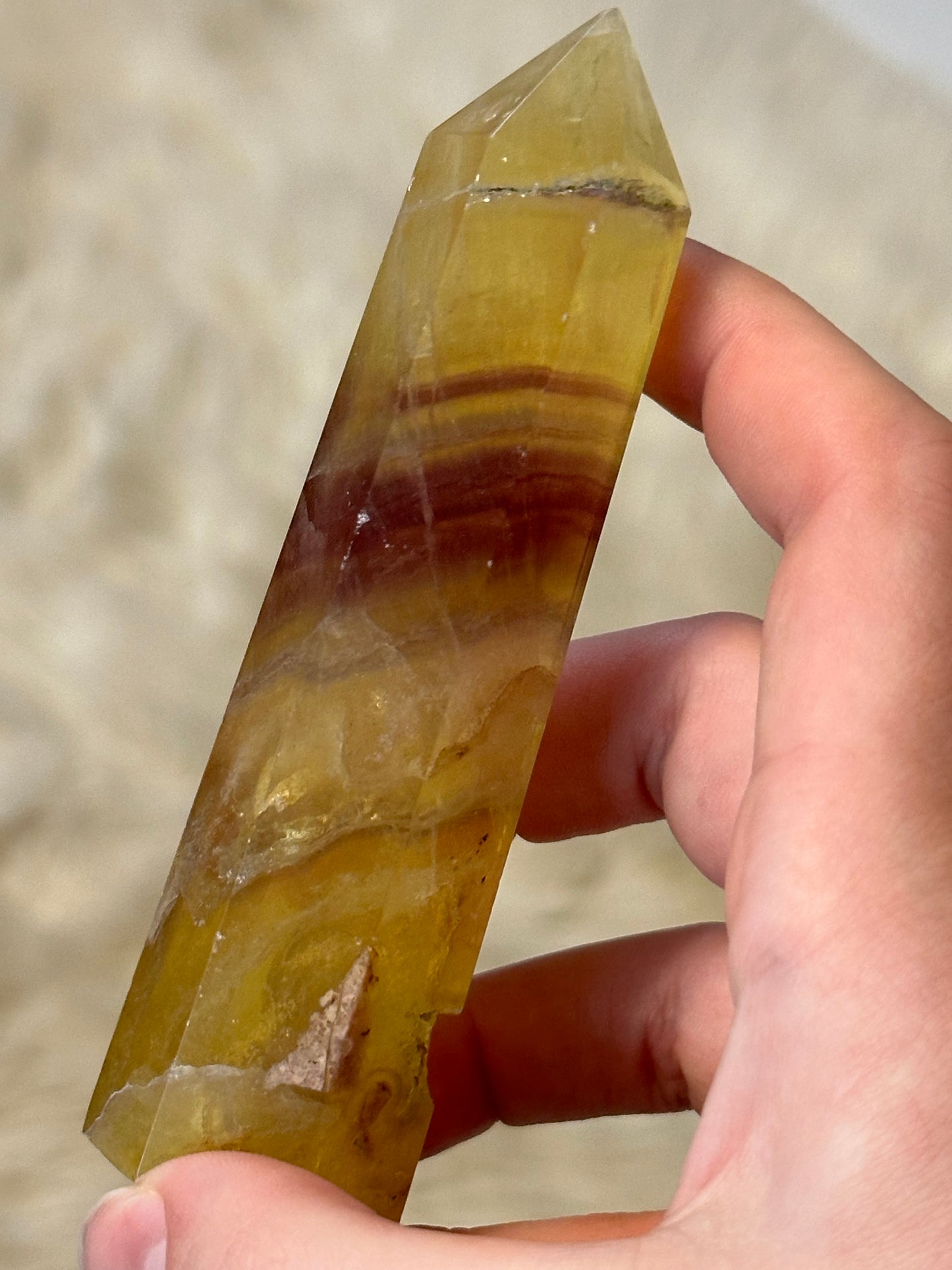 Yellow fluorite tower with magenta
