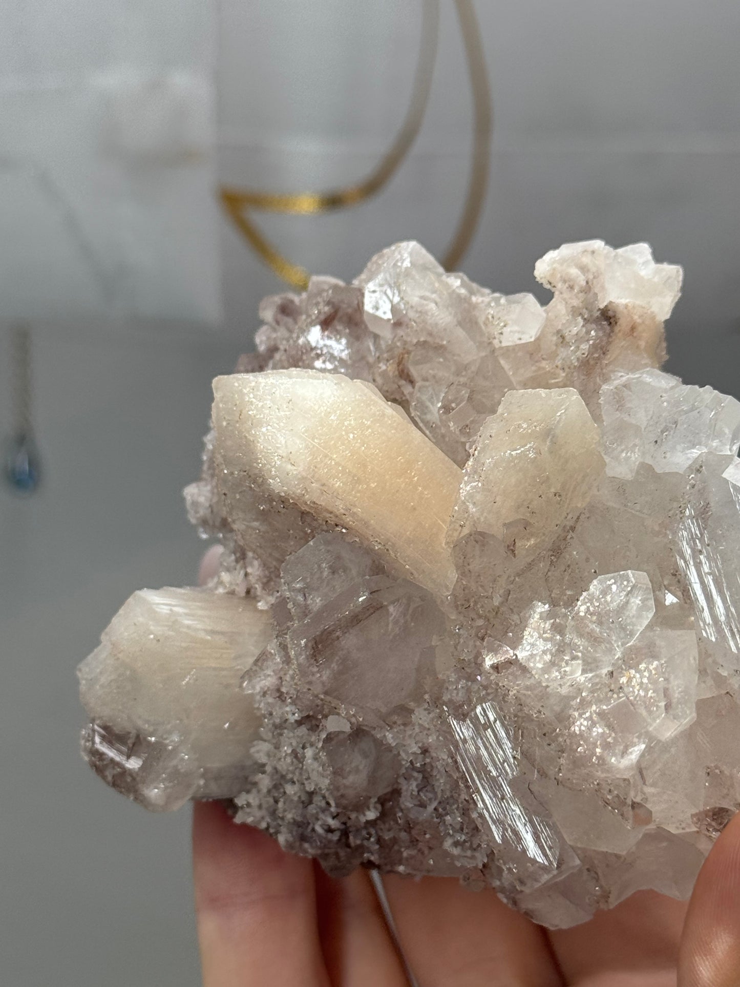 Phantom diamond apophyllite with sparkly pink chalcedony and stilbite - India