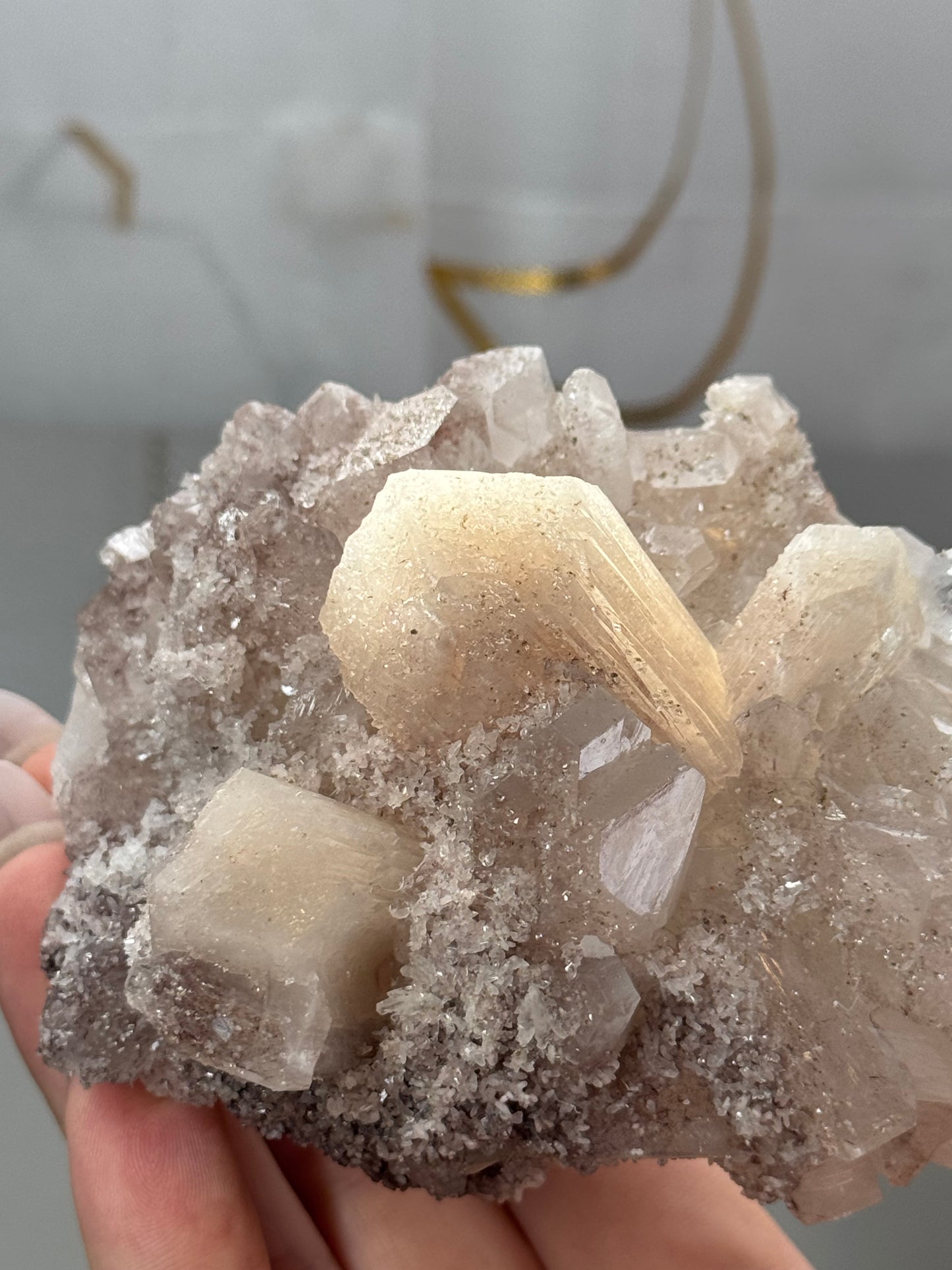 Phantom diamond apophyllite with sparkly pink chalcedony and stilbite - India