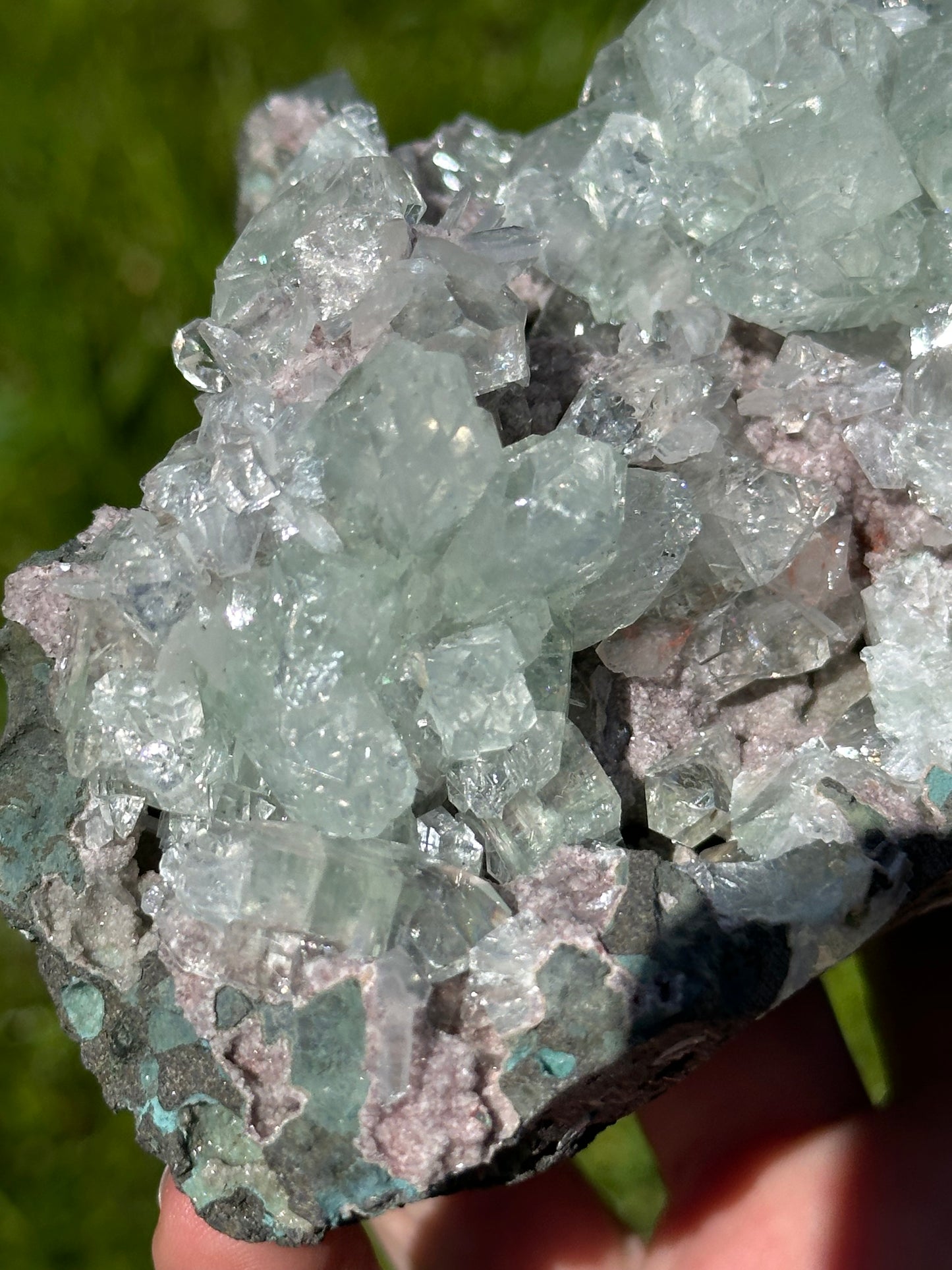 Green apophyllite with pink chalcedony | India