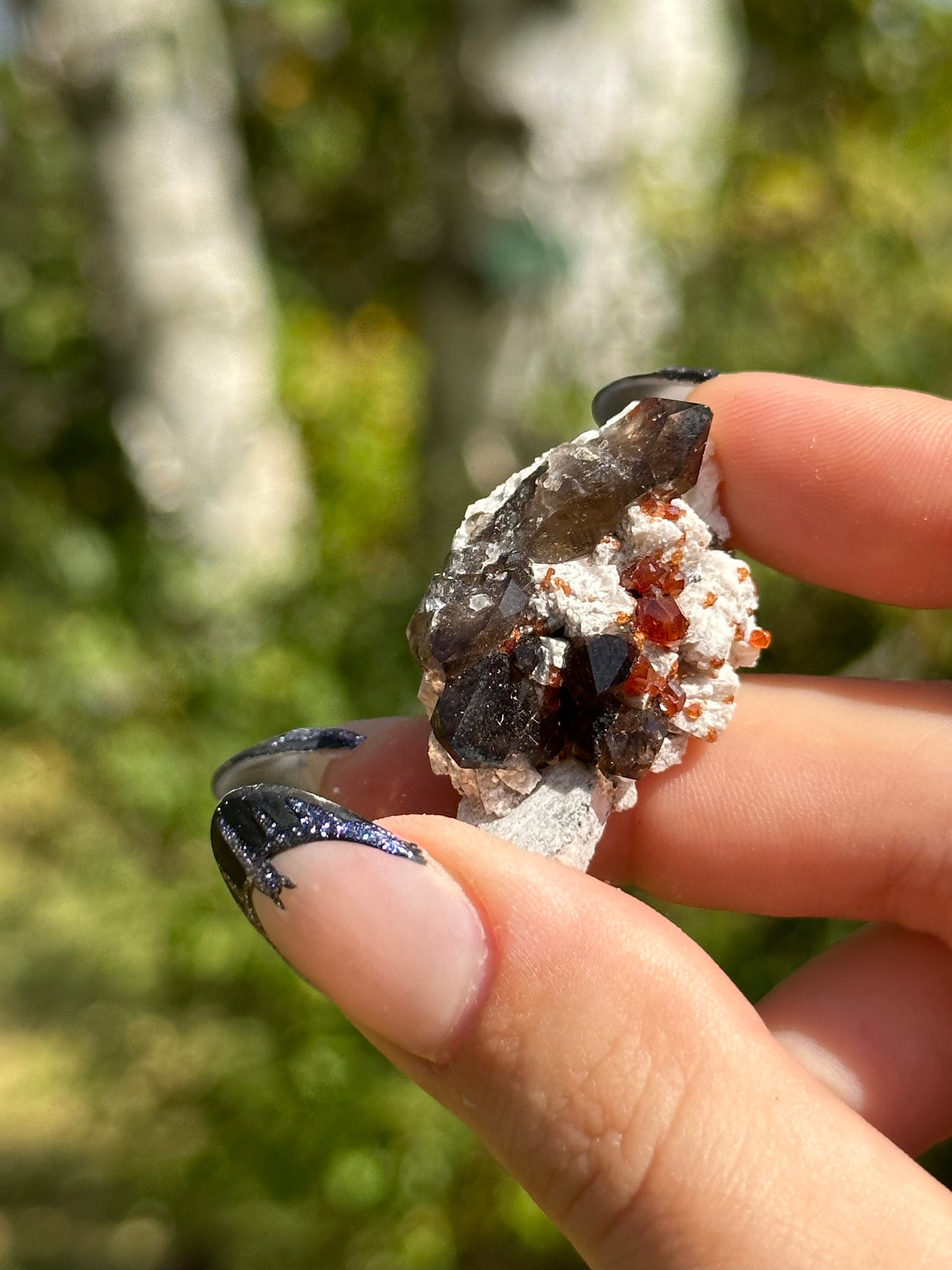Spessartine Garnet and Smokey Quartz on Feldspar