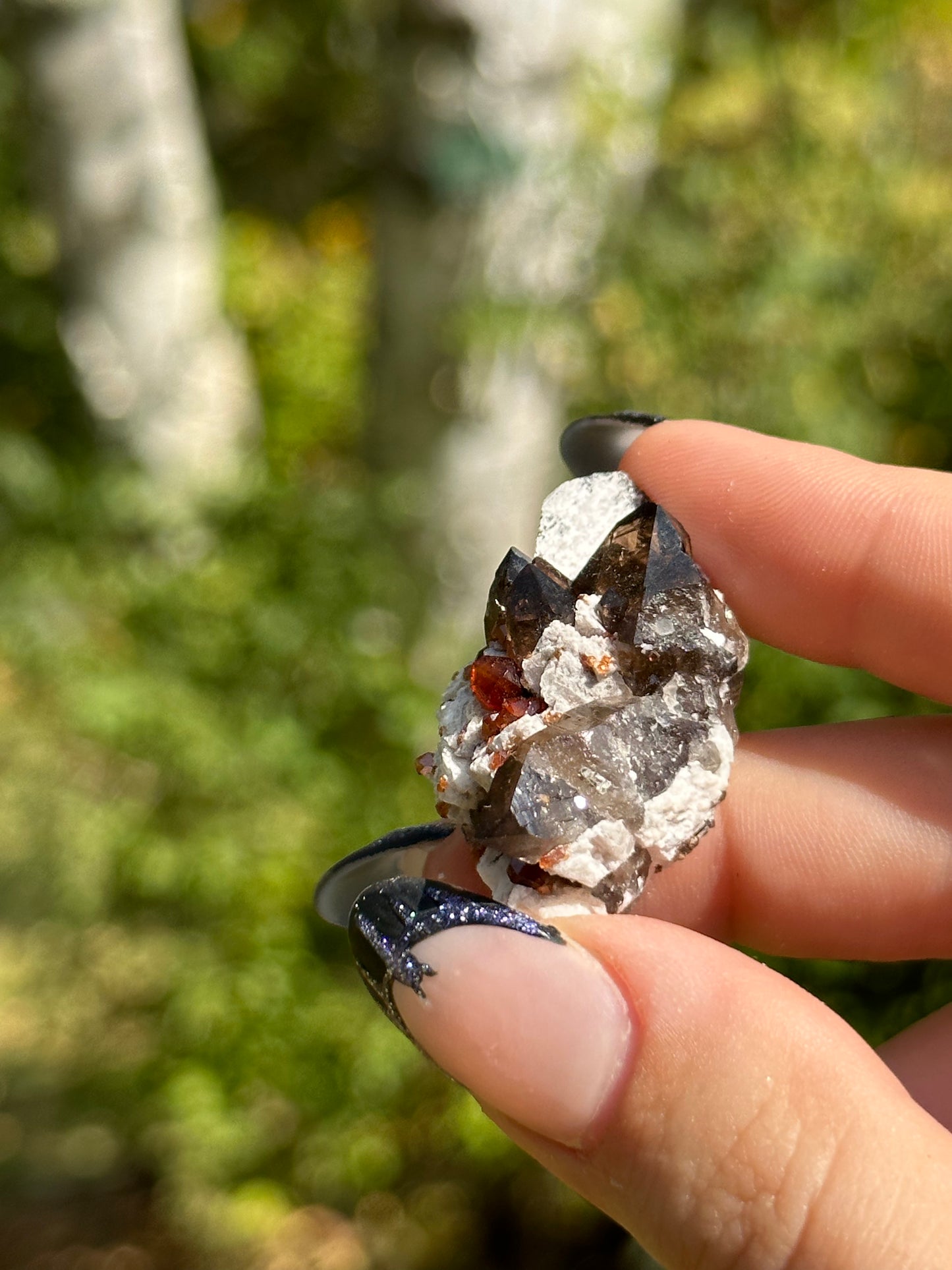 Spessartine Garnet and Smokey Quartz on Feldspar