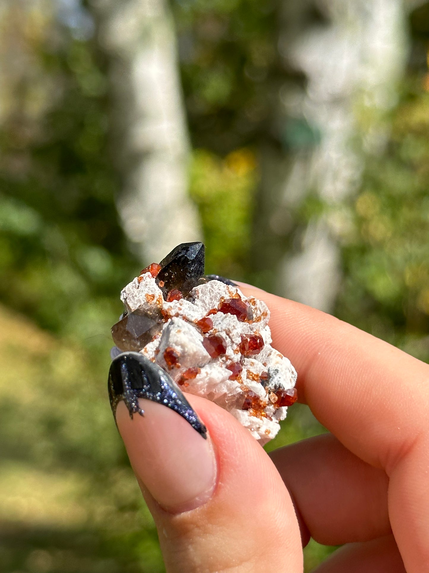 Spessartine Garnet and Smokey Quartz on Feldspar