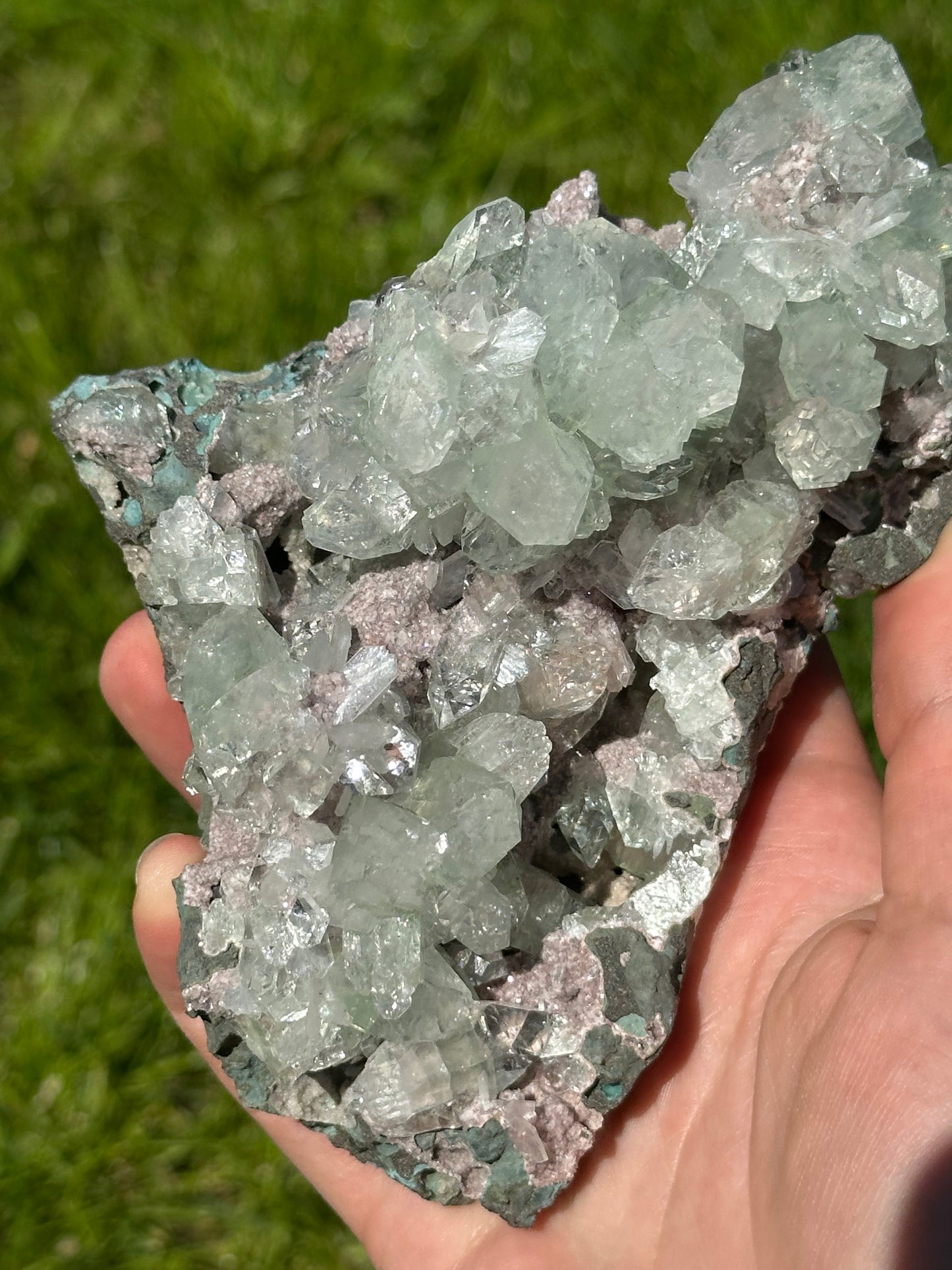 Green apophyllite with pink chalcedony | India