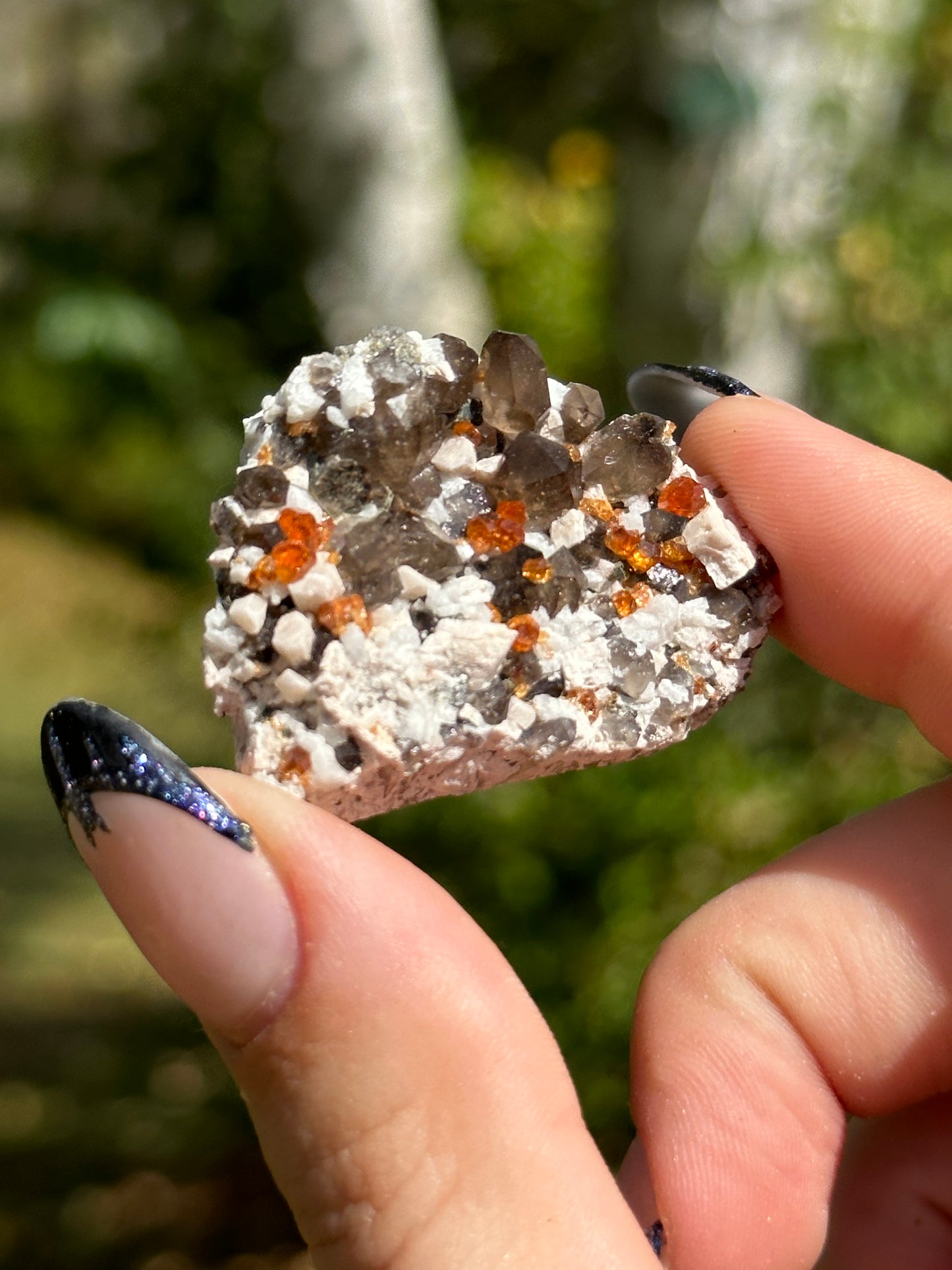 Spessartine Garnet and Smokey Quartz on Feldspar