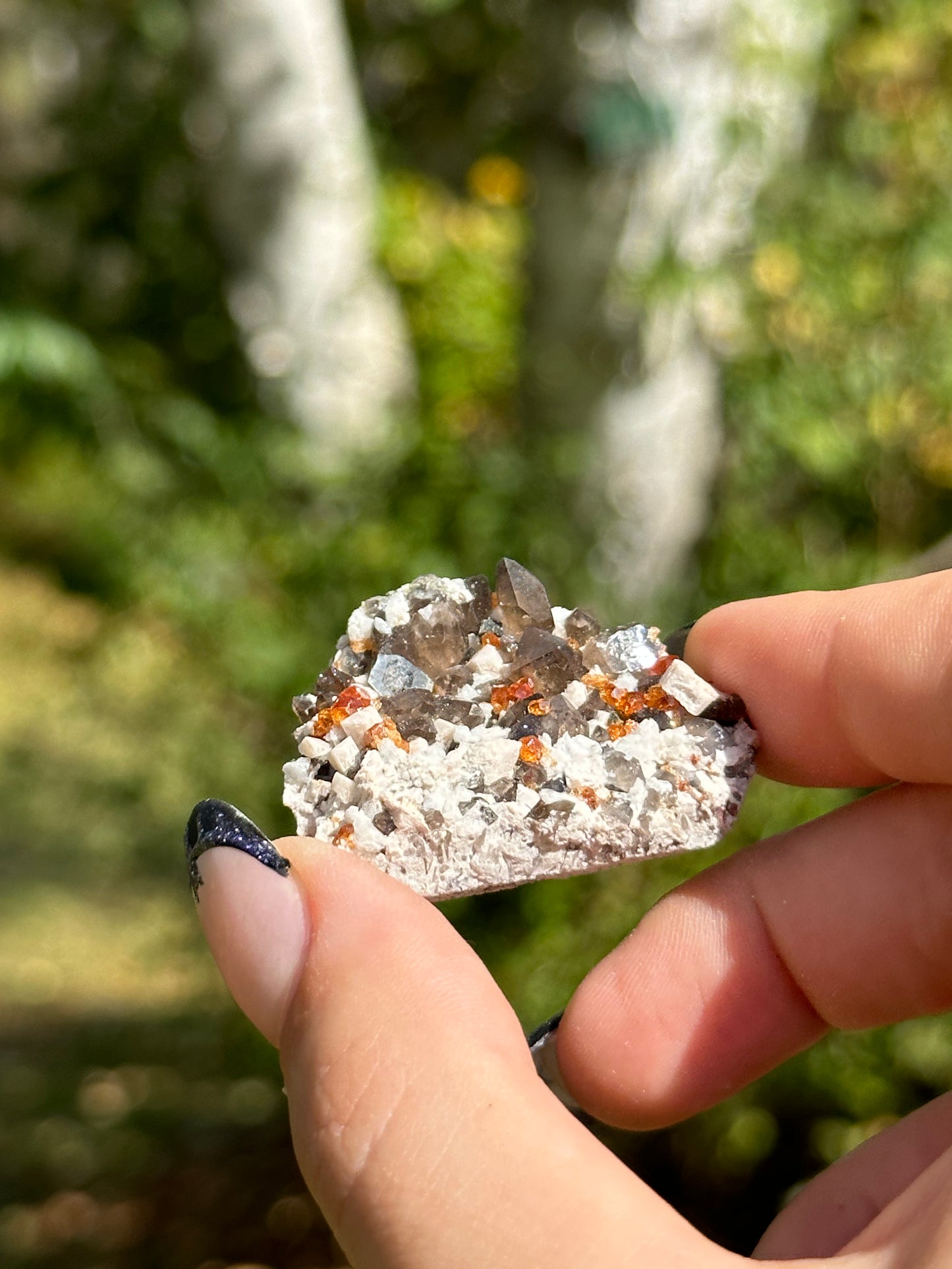 Spessartine Garnet and Smokey Quartz on Feldspar