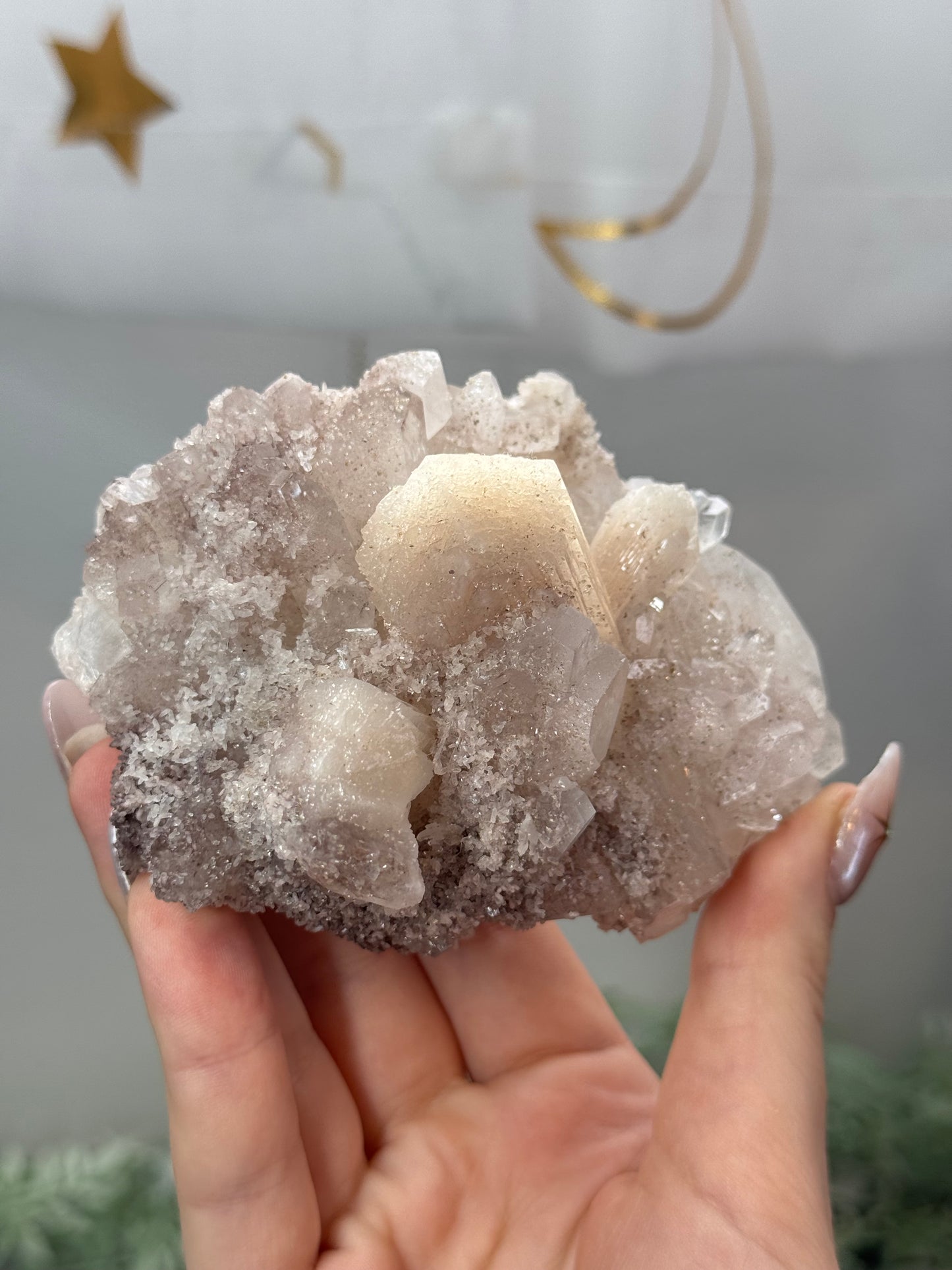 Phantom diamond apophyllite with sparkly pink chalcedony and stilbite - India