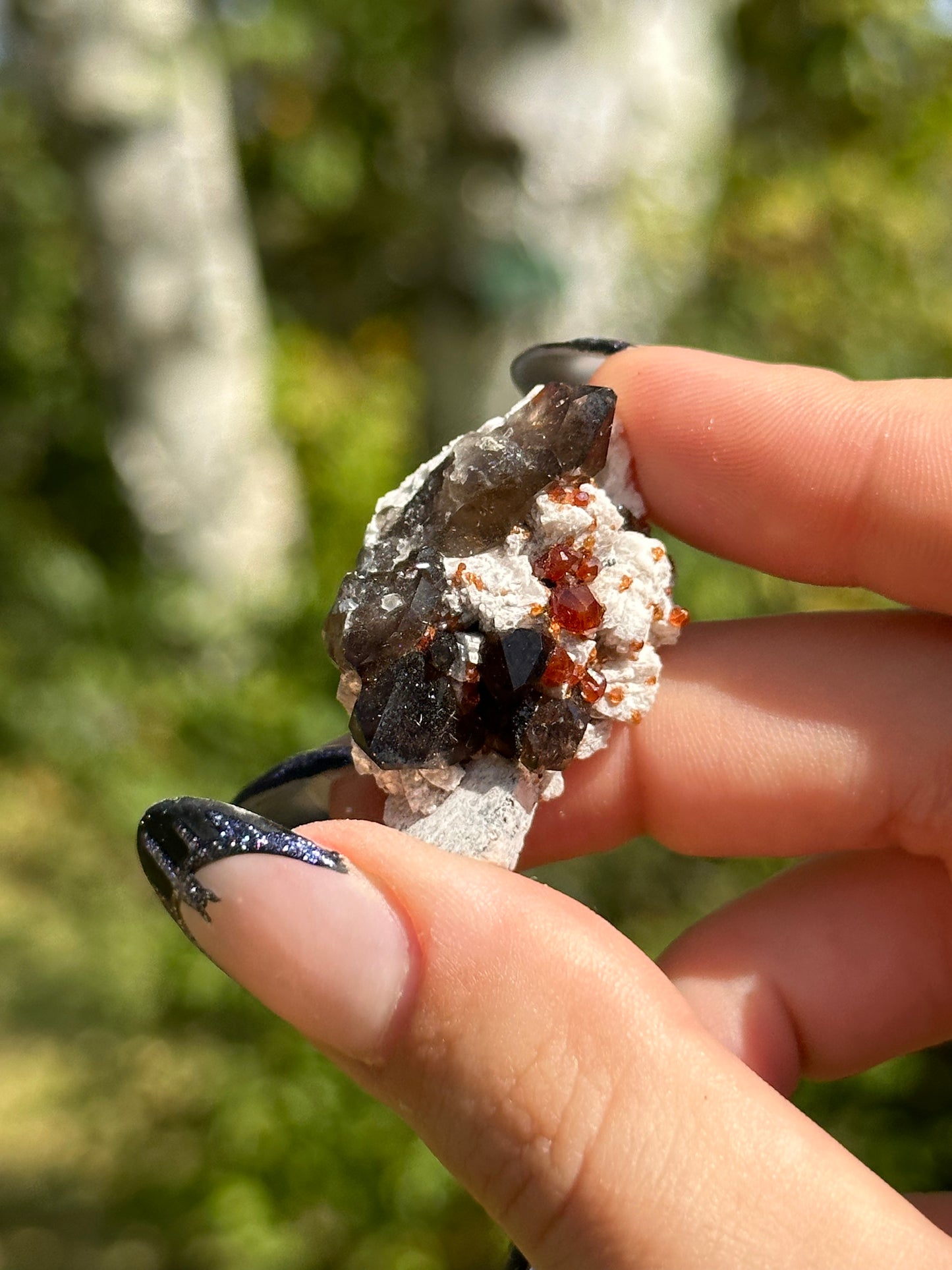 Spessartine Garnet and Smokey Quartz on Feldspar