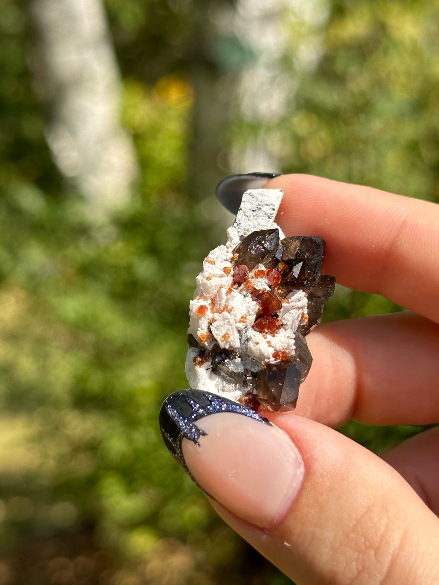 Spessartine Garnet and Smokey Quartz on Feldspar