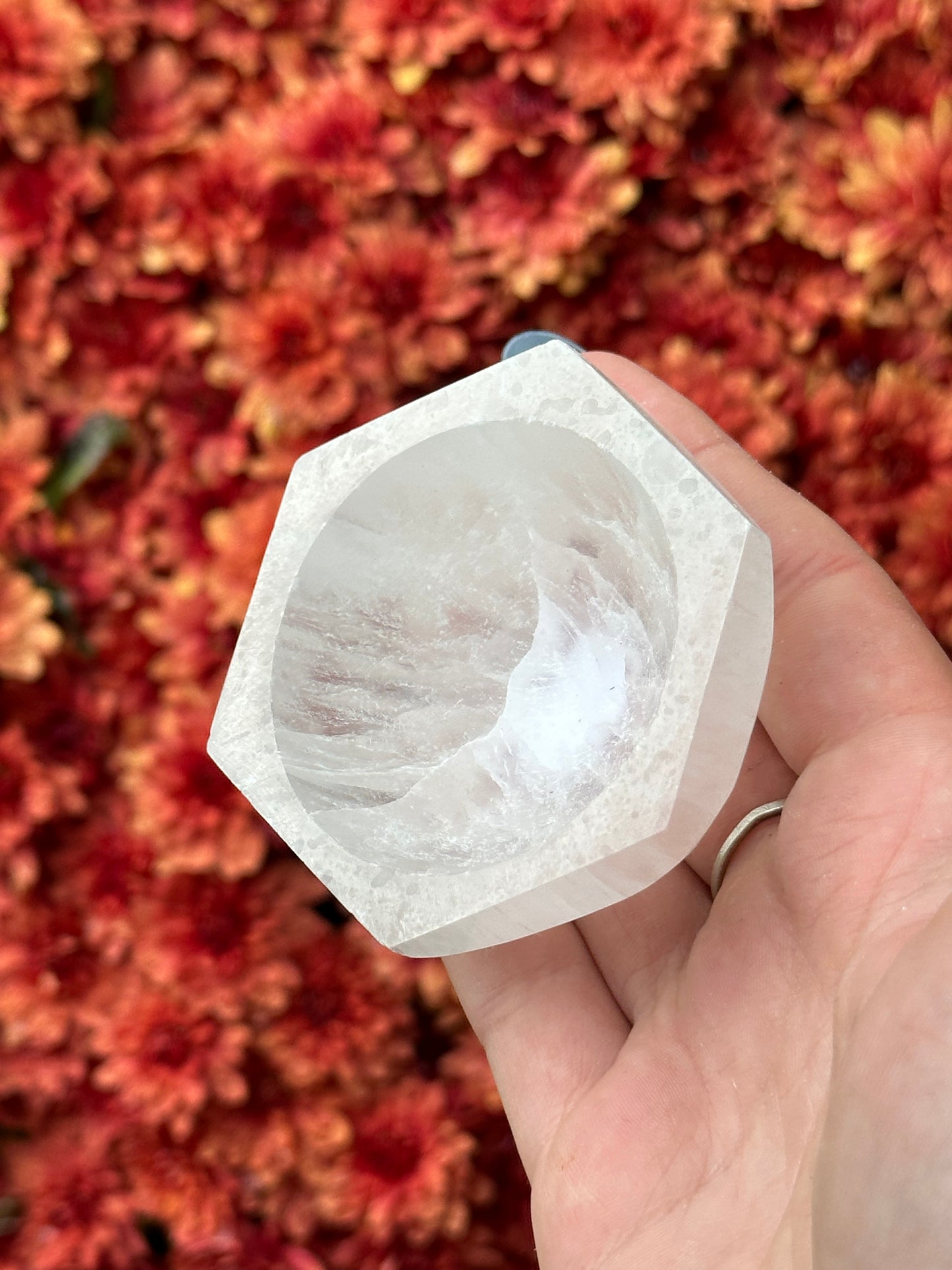 Satin spar selenite hexagon bowl - small