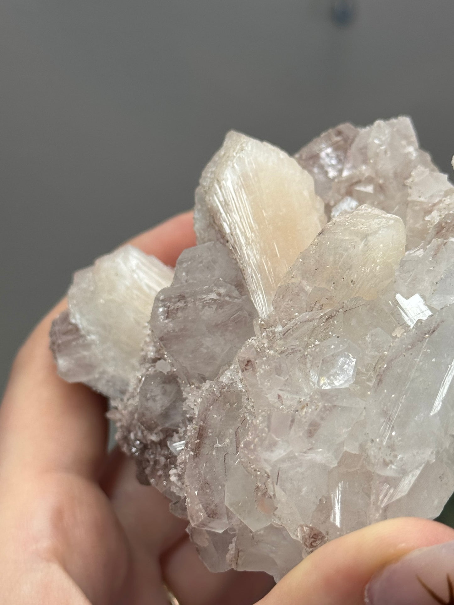 Phantom diamond apophyllite with sparkly pink chalcedony and stilbite - India