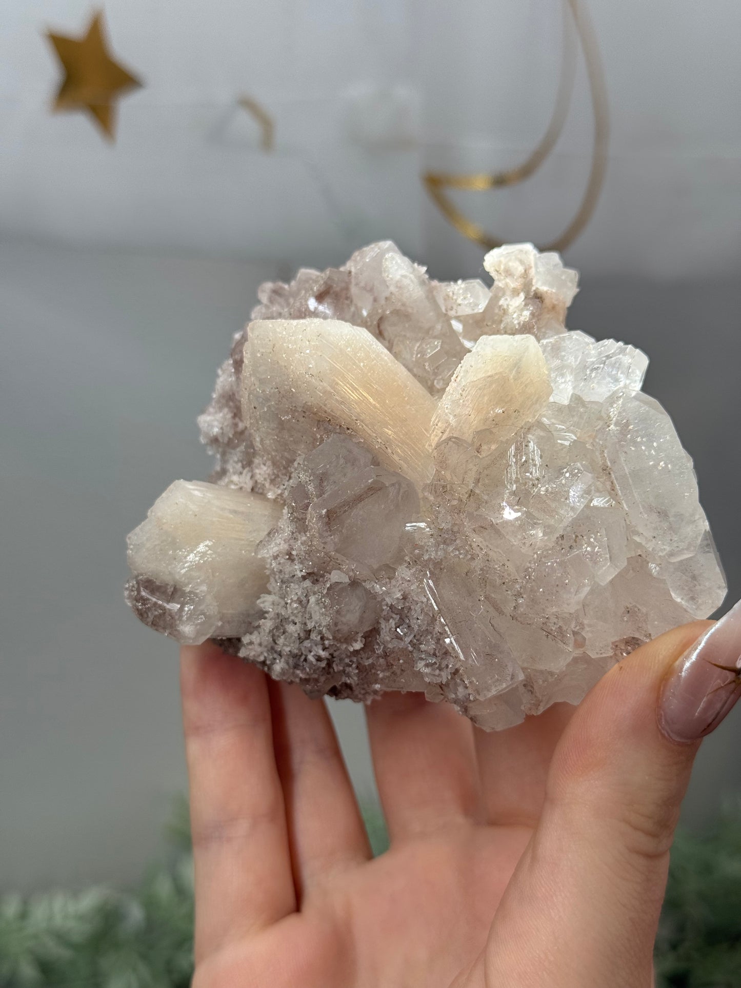 Phantom diamond apophyllite with sparkly pink chalcedony and stilbite - India