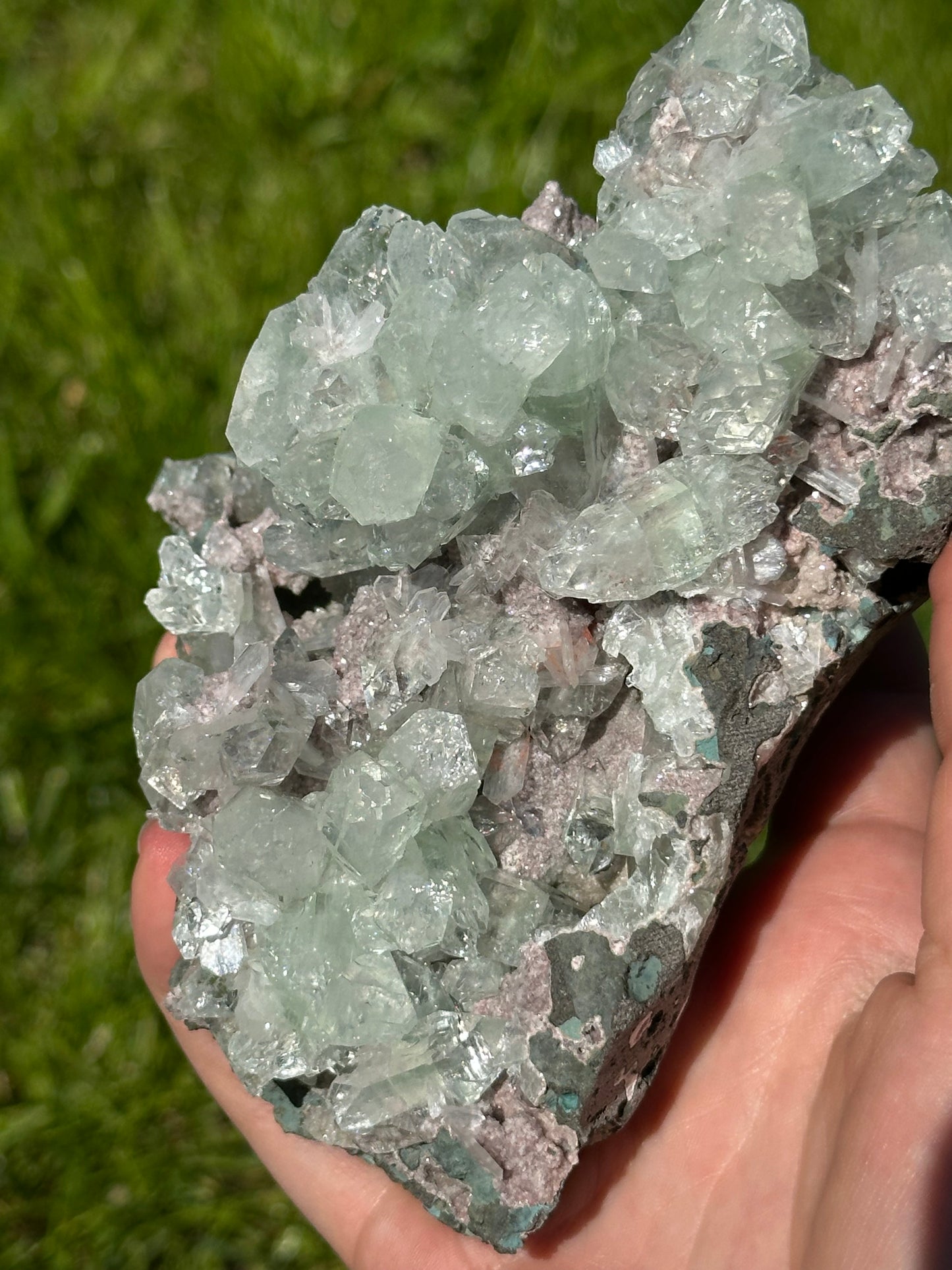 Green apophyllite with pink chalcedony | India