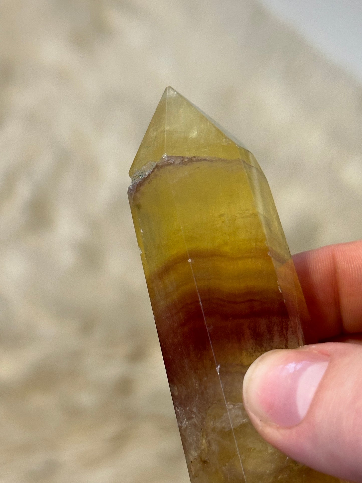 Yellow fluorite tower with magenta