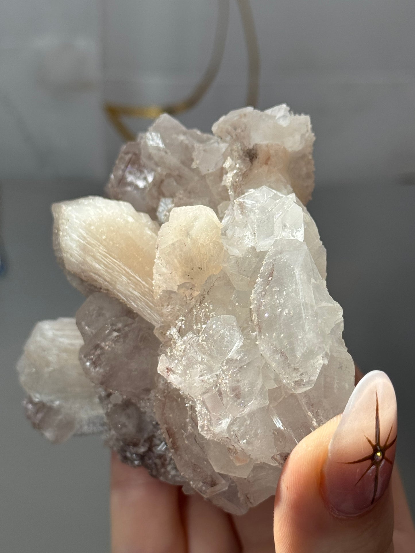 Phantom diamond apophyllite with sparkly pink chalcedony and stilbite - India