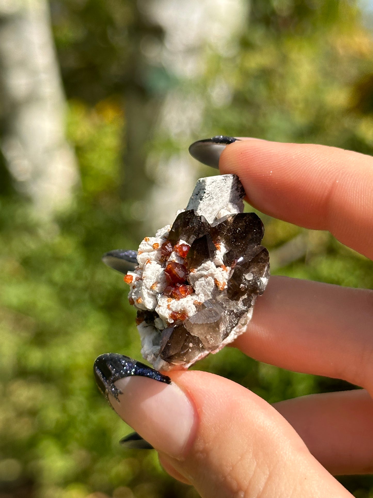 Spessartine Garnet and Smokey Quartz on Feldspar