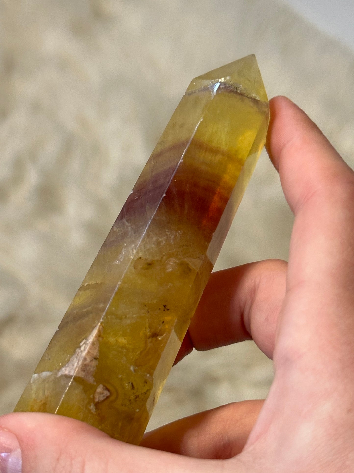 Yellow fluorite tower with magenta