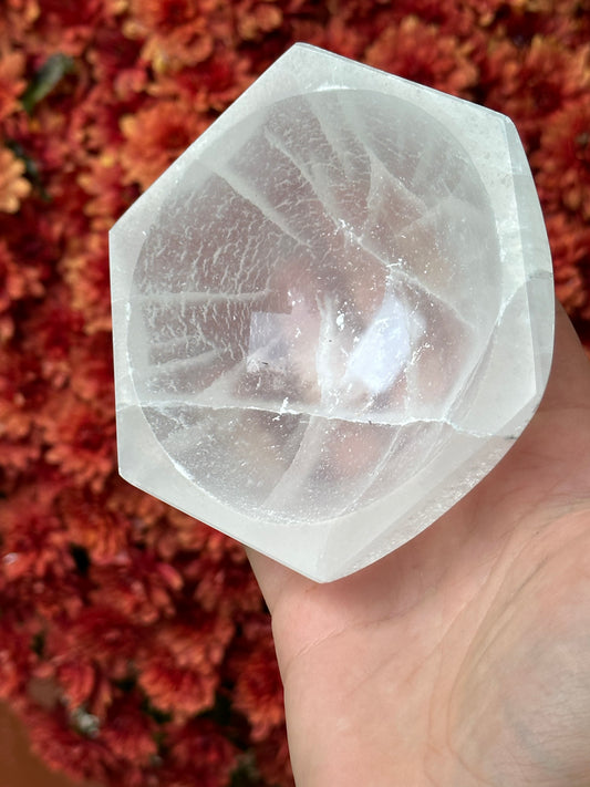 Satin spar selenite hexagon bowl - medium