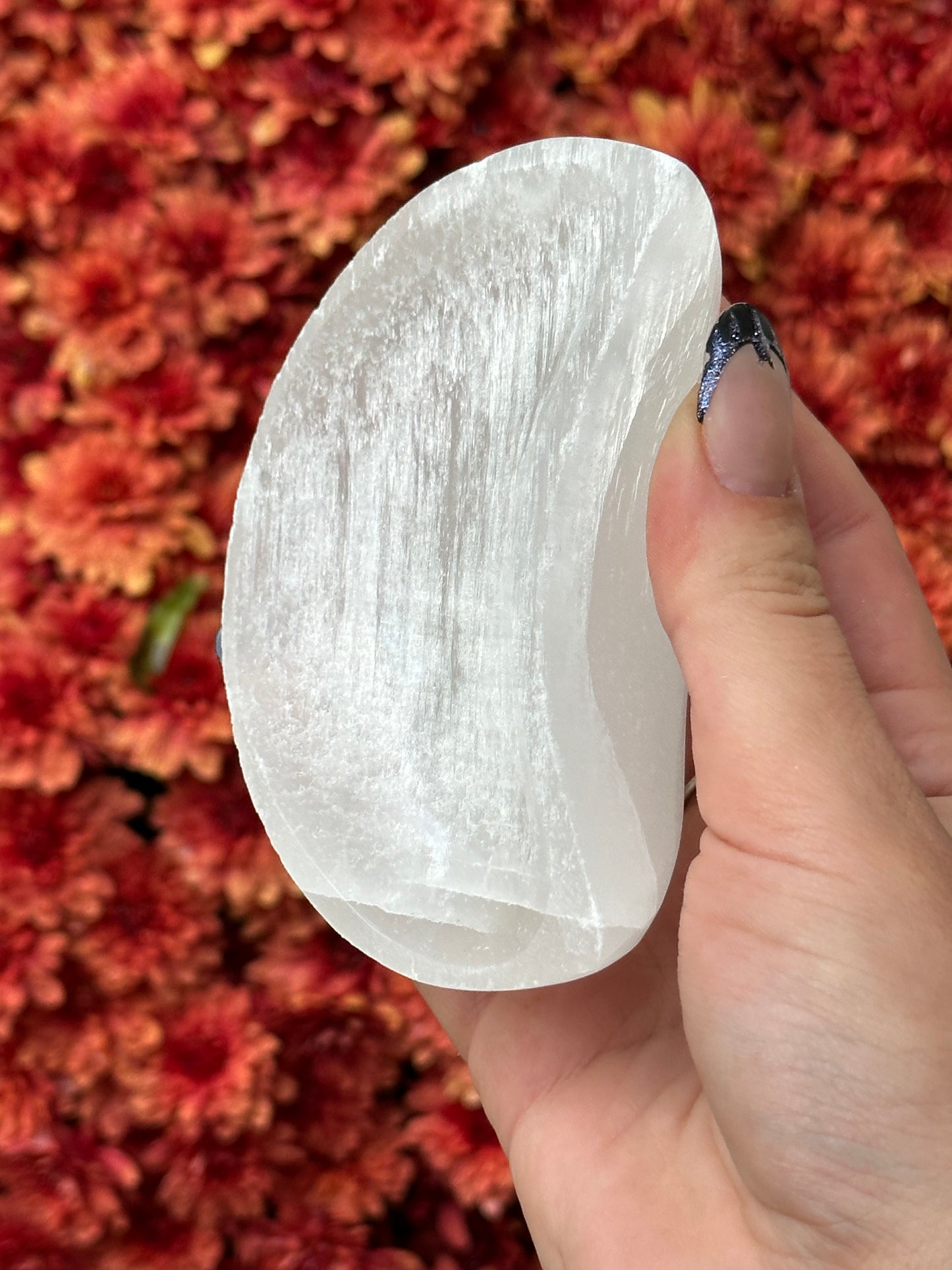 Satin spar selenite moon bowl - small