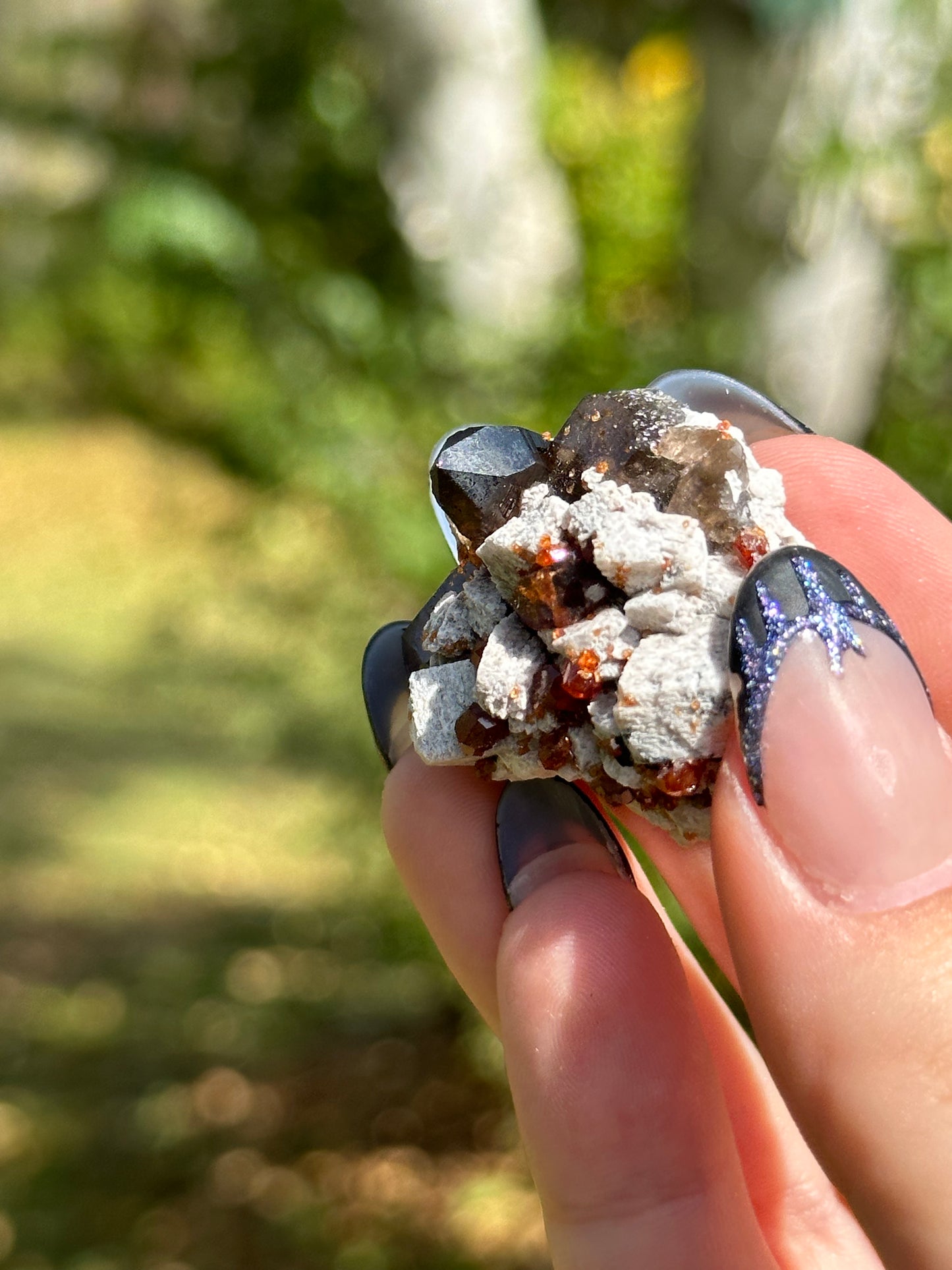 Spessartine Garnet and Smokey Quartz on Feldspar