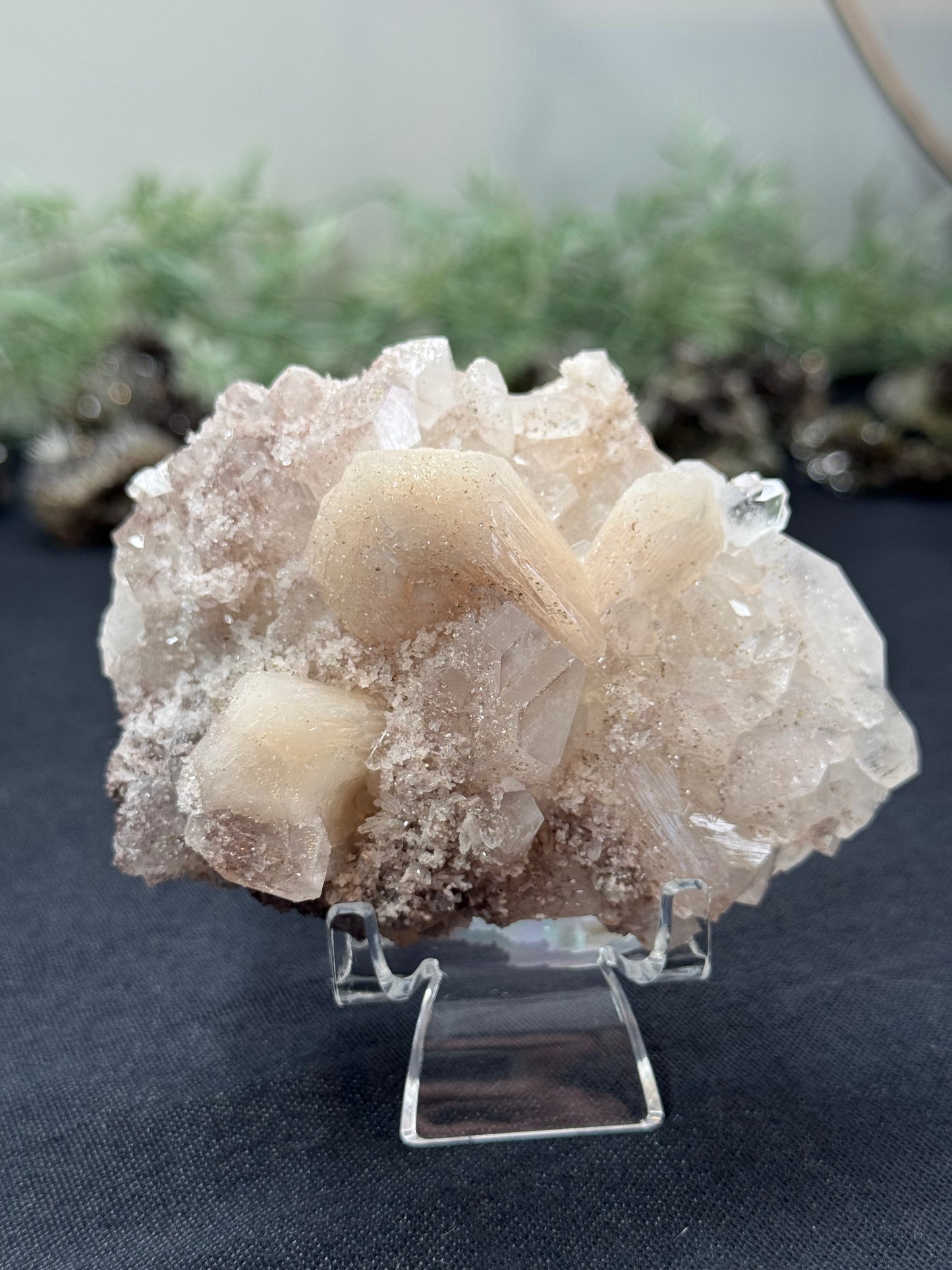 Phantom diamond apophyllite with sparkly pink chalcedony and stilbite - India