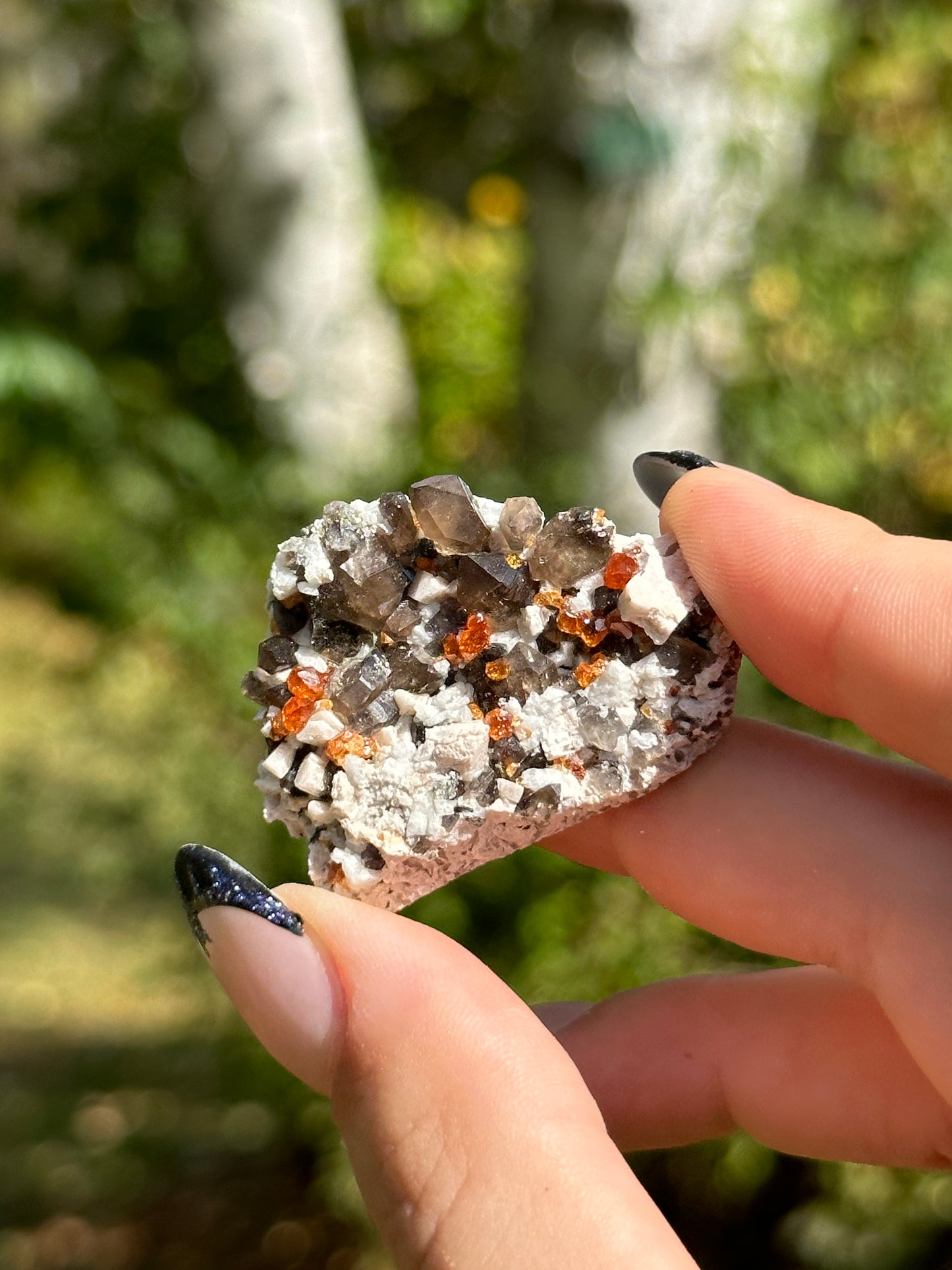 Spessartine Garnet and Smokey Quartz on Feldspar
