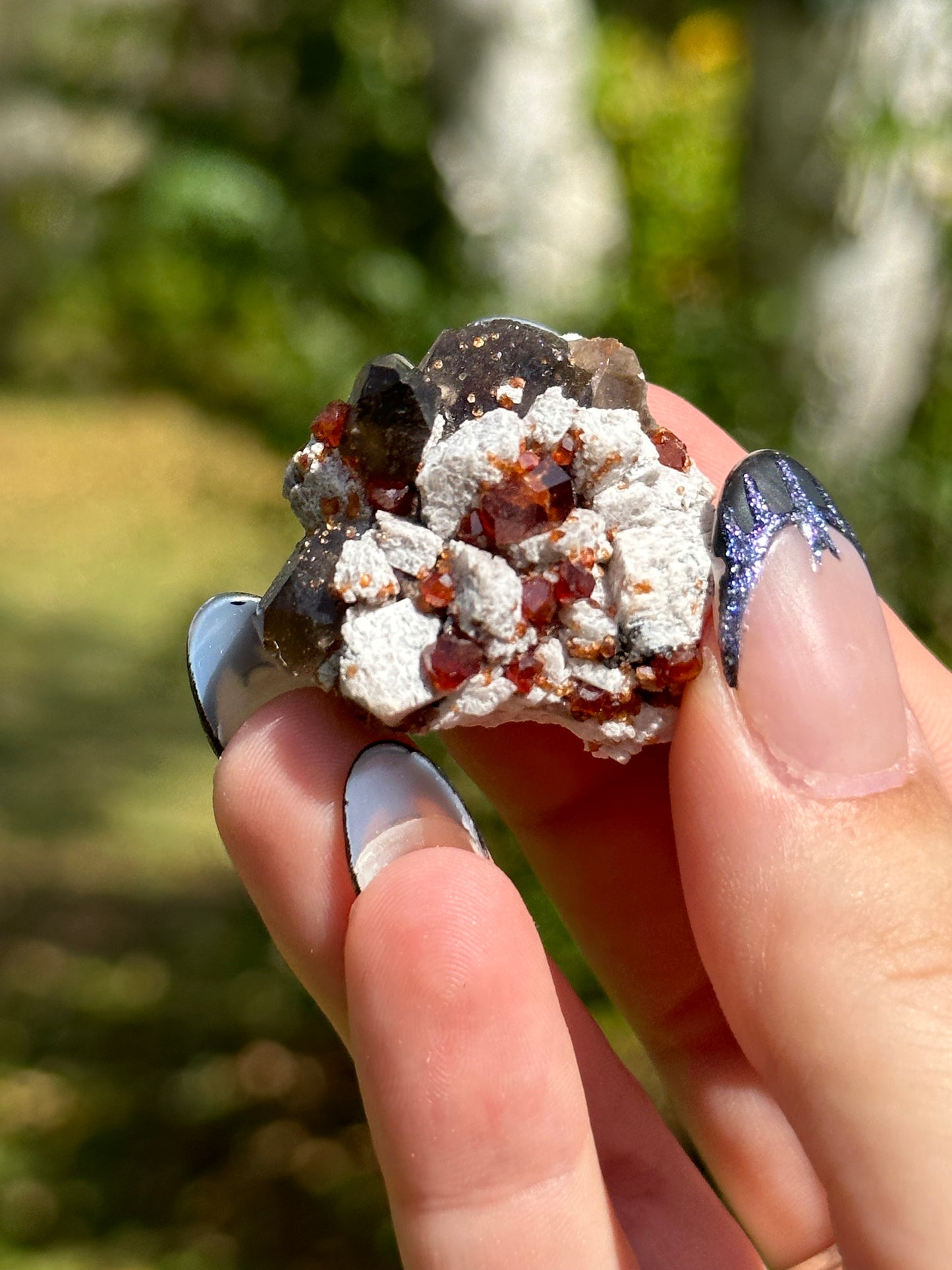 Spessartine Garnet and Smokey Quartz on Feldspar