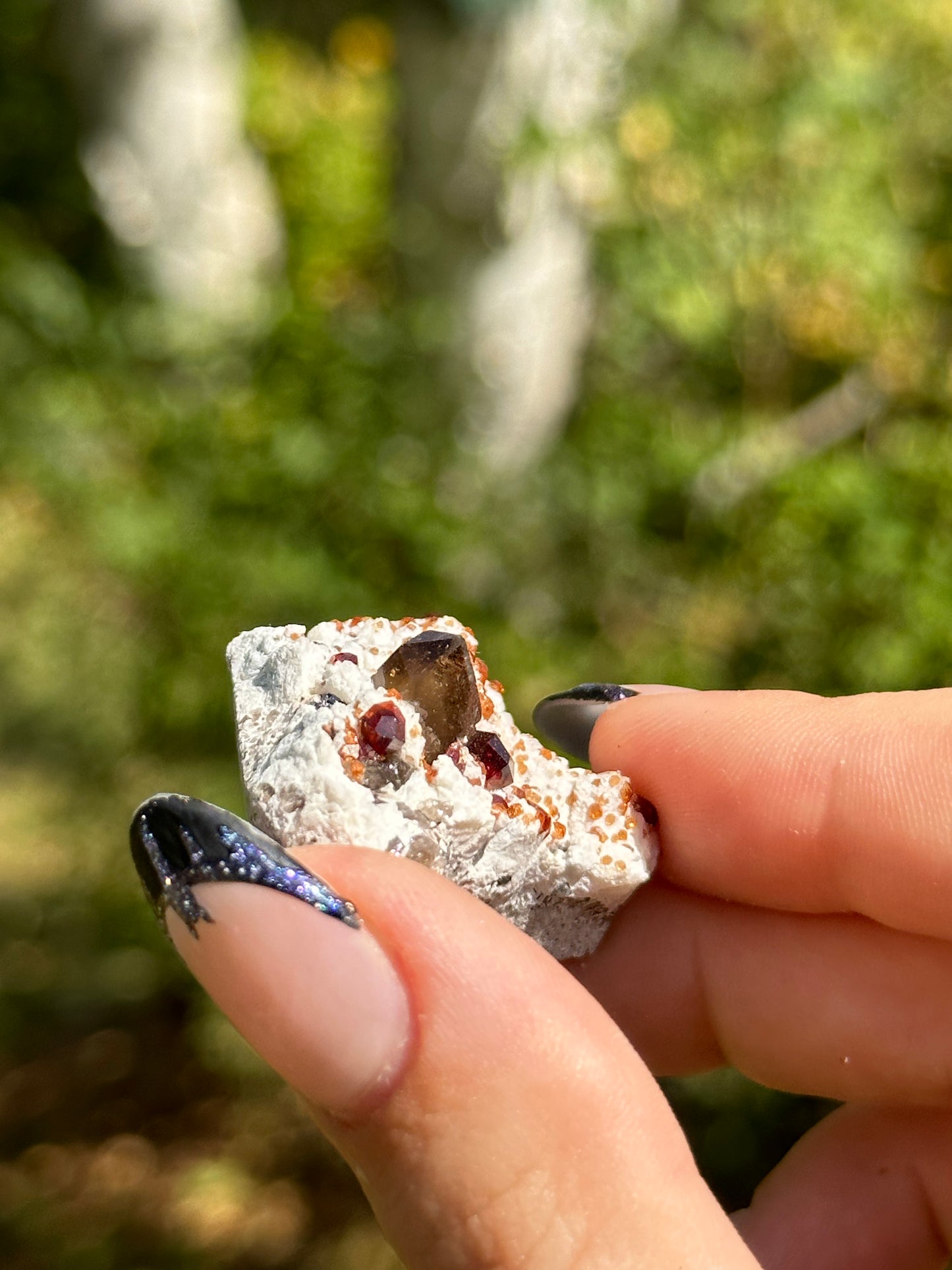 Spessartine Garnet and Smokey Quart on Feldspar