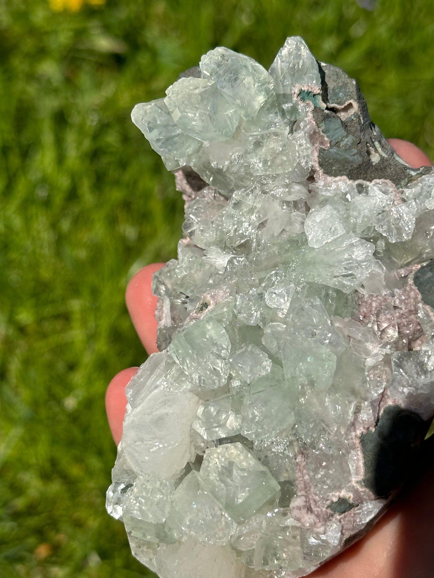 Green apophyllite with pink chalcedony | India