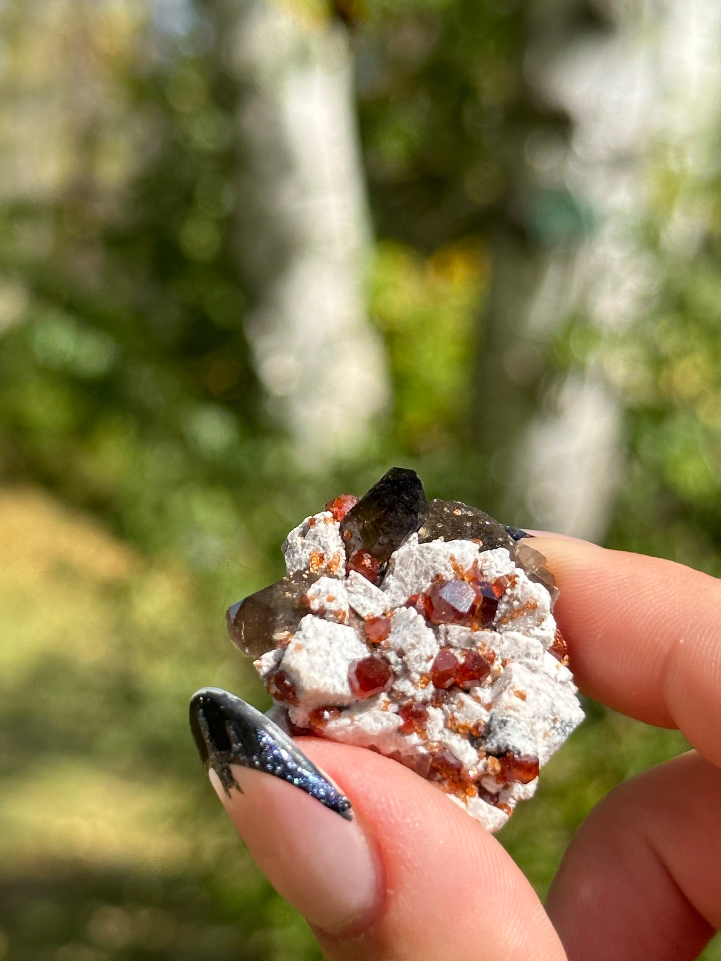 Spessartine Garnet and Smokey Quartz on Feldspar