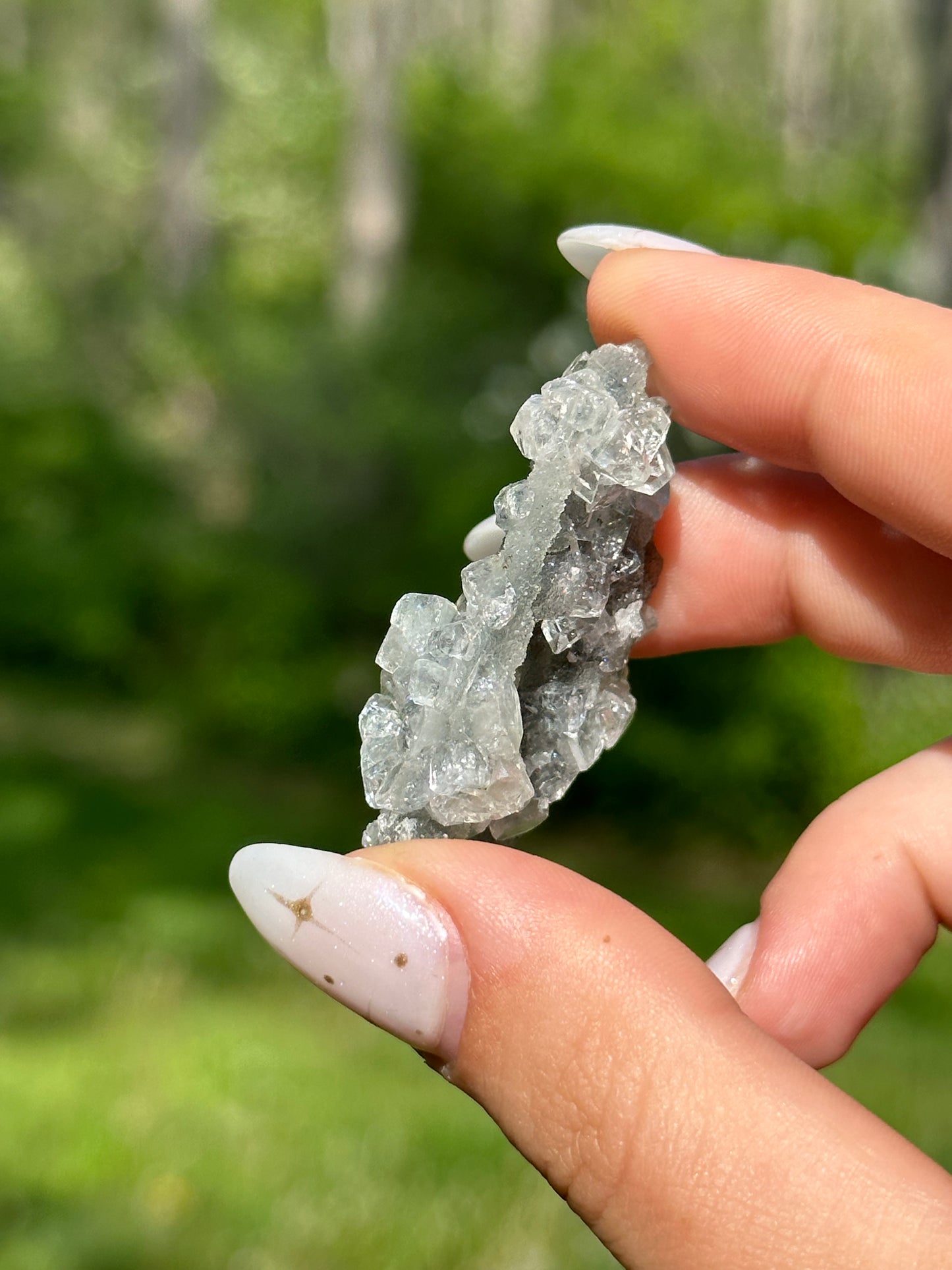 Black chalcedony with gemmy apophyllite - A