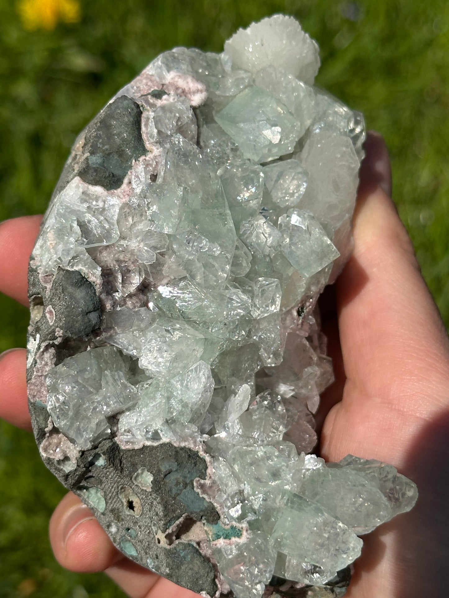Green apophyllite with pink chalcedony | India