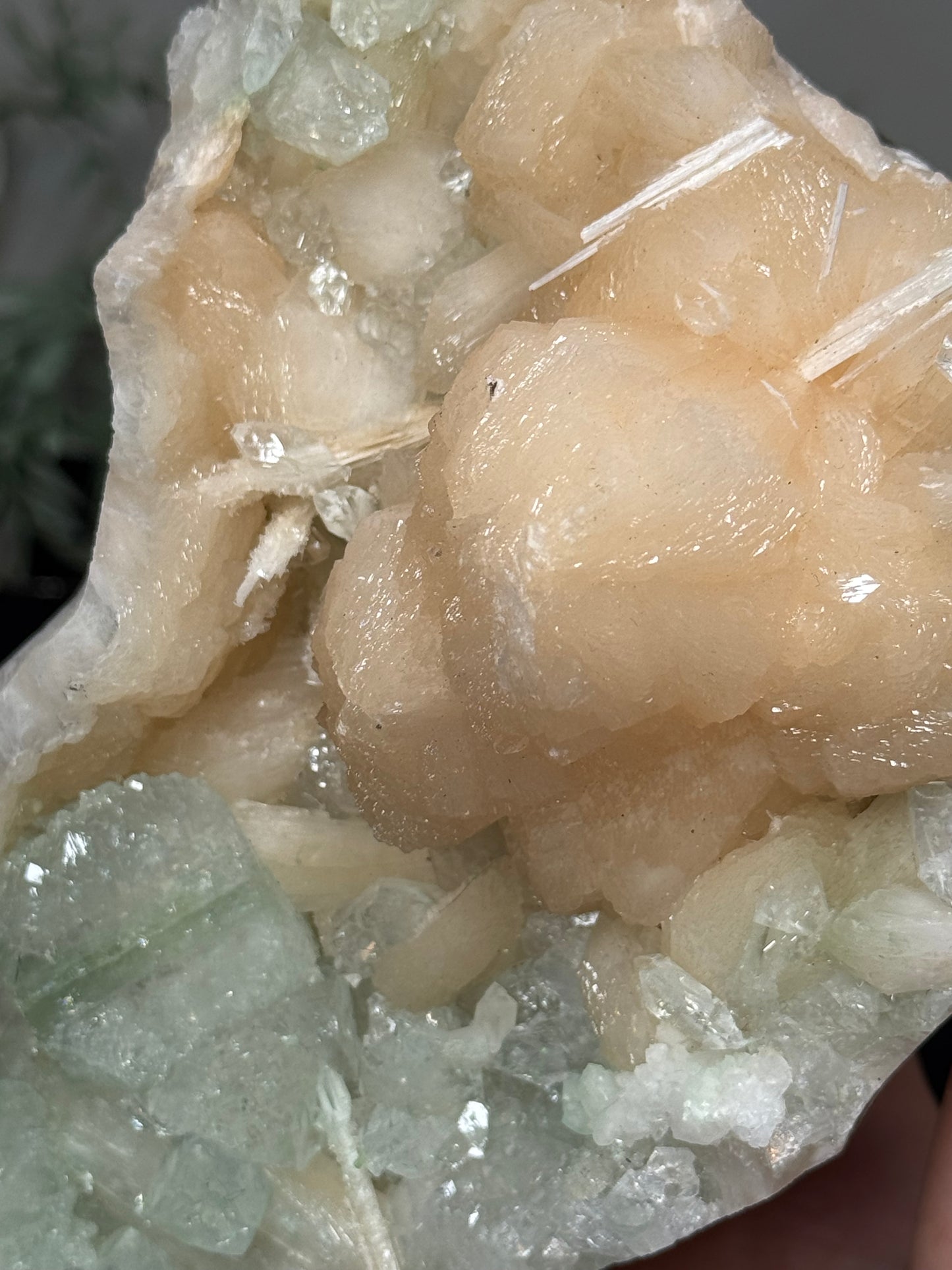 Green Apophyllite, peach Stilbite - India
