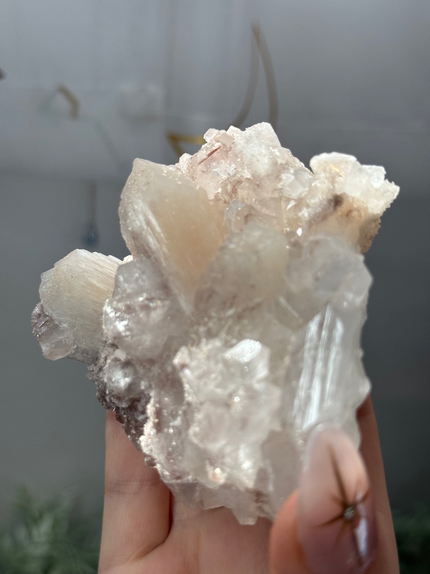 Phantom diamond apophyllite with sparkly pink chalcedony and stilbite - India