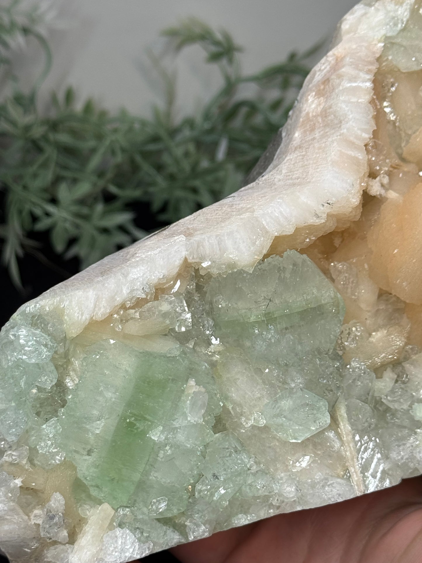 Green Apophyllite, peach Stilbite - India