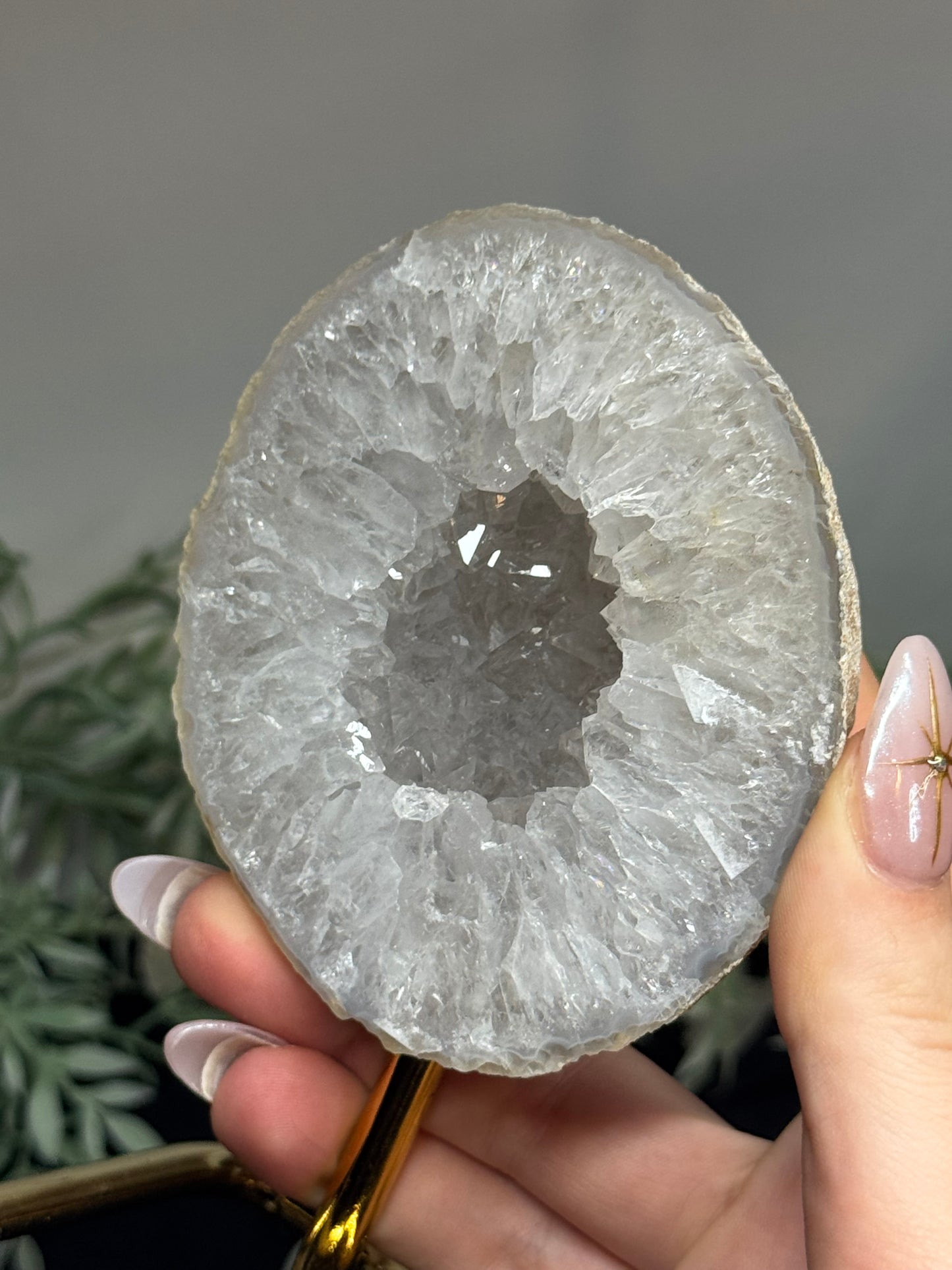 Agate geode half on gold stand