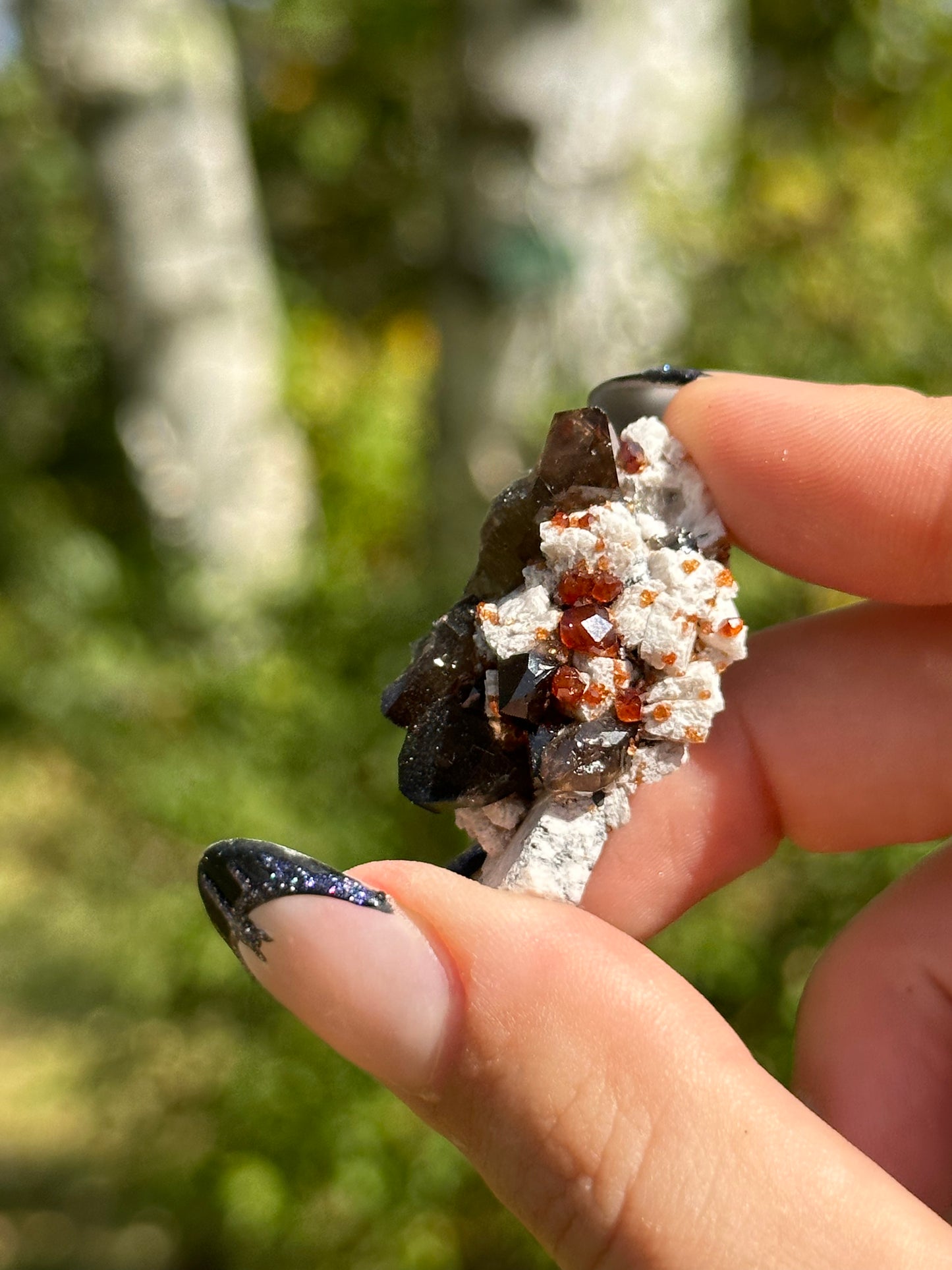 Spessartine Garnet and Smokey Quartz on Feldspar