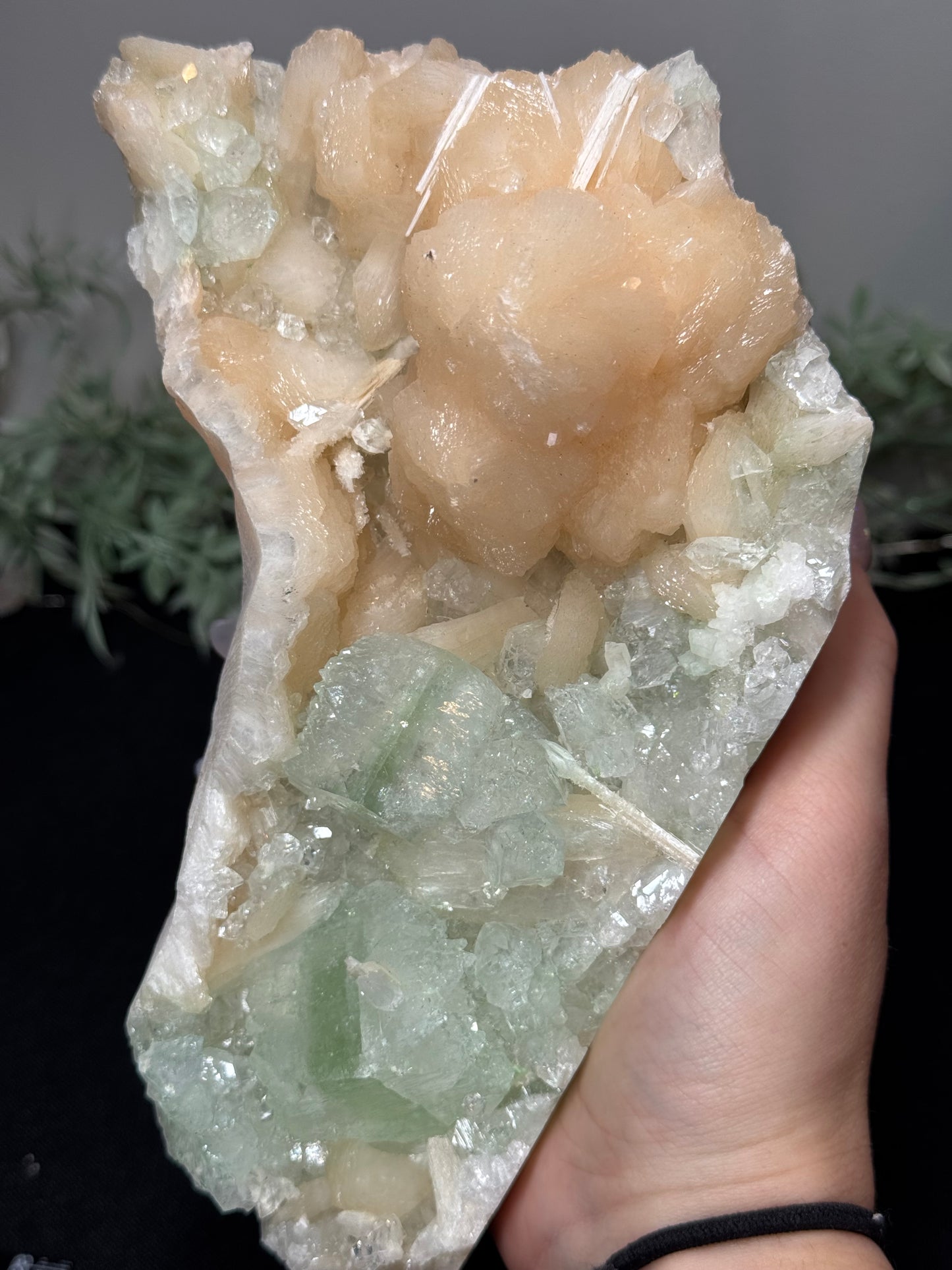 Green Apophyllite, peach Stilbite - India