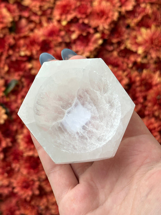 Satin spar selenite hexagon bowl - small