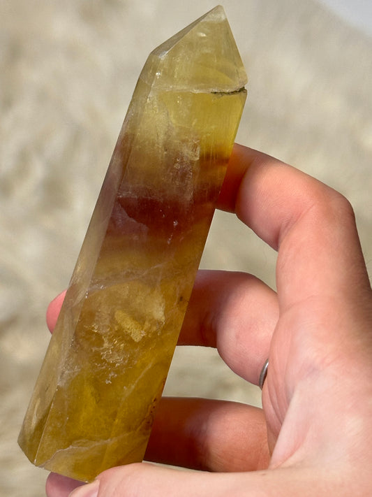 Yellow fluorite tower with magenta