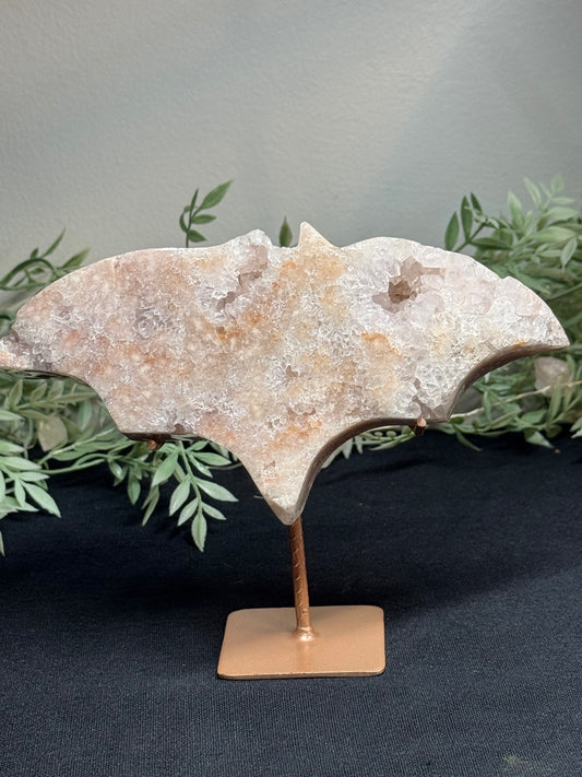 Pink amethyst bat with custom stand
