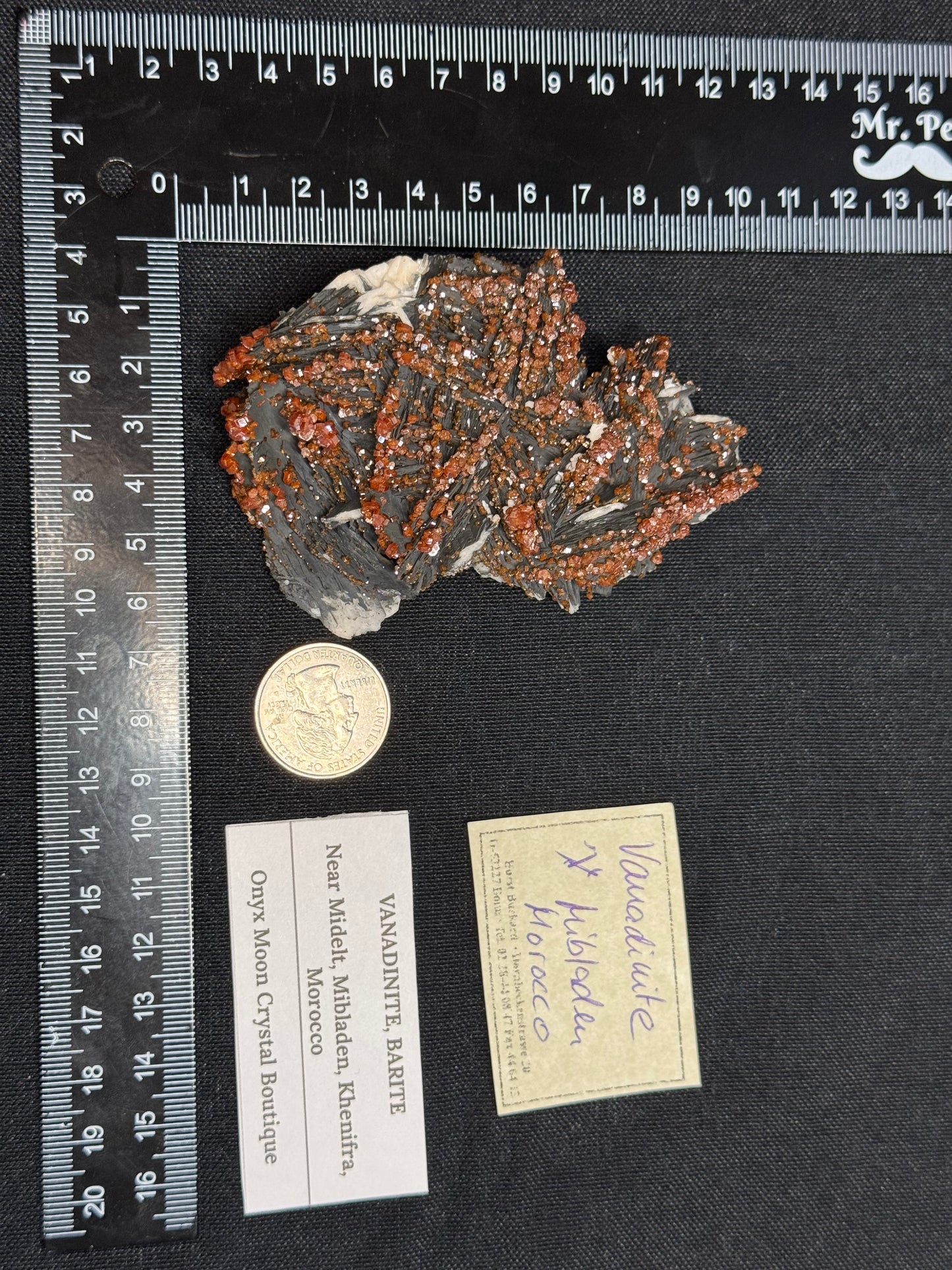 Vanadinite on black barite- Morocco