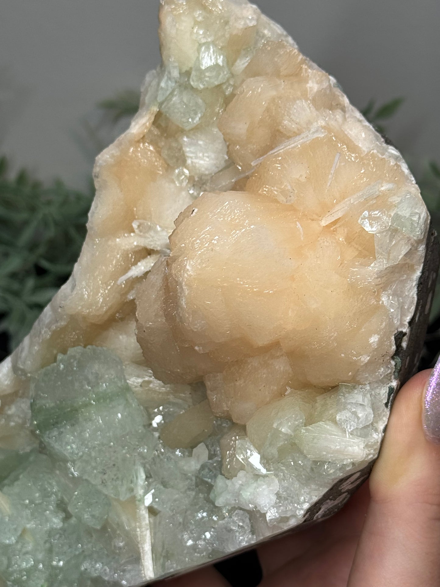 Green Apophyllite, peach Stilbite - India