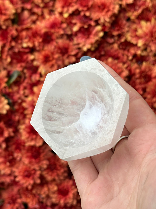 Satin spar selenite hexagon bowl - small