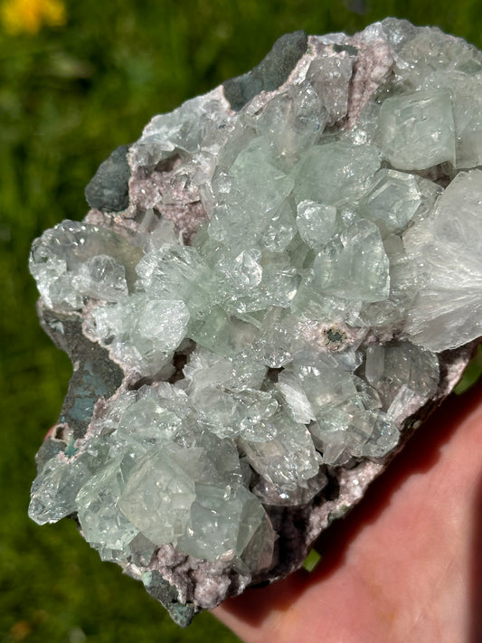 Green apophyllite with pink chalcedony | India