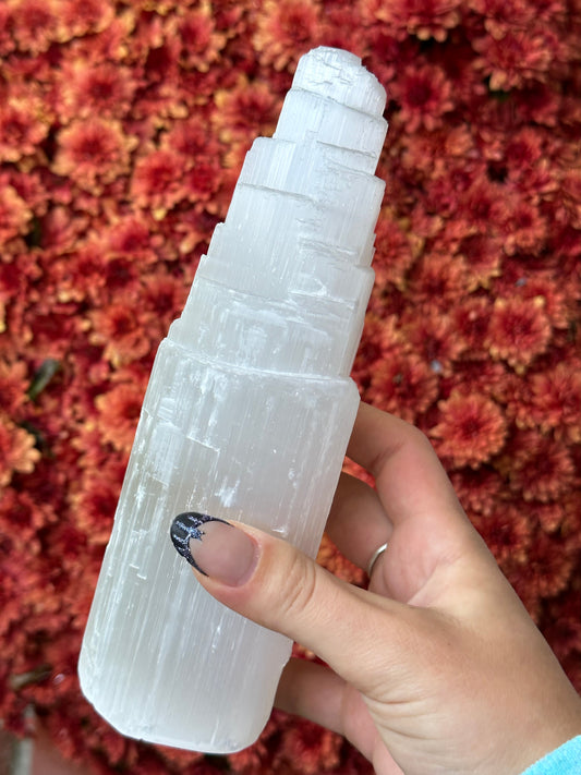 Satin spar selenite tower