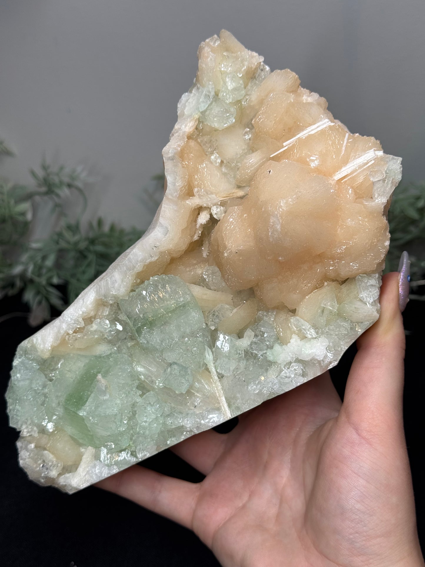 Green Apophyllite, peach Stilbite - India