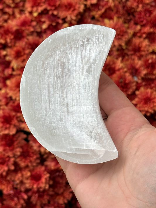 Satin spar selenite moon bowl - small