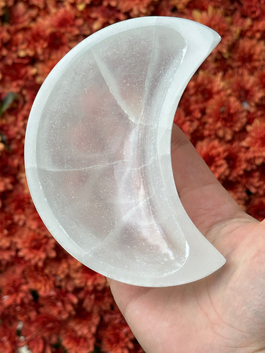 Satin spar selenite moon bowl - medium